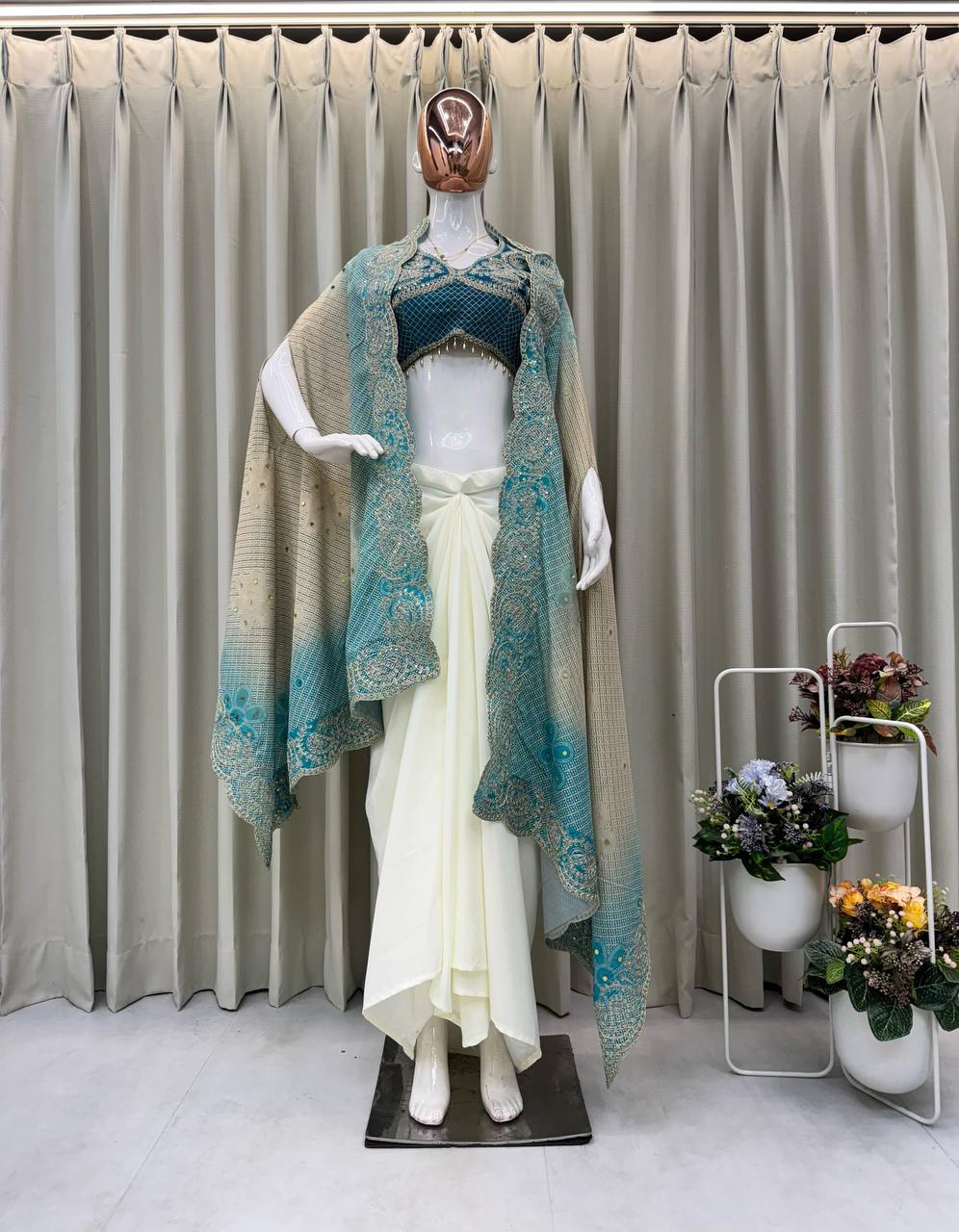 Blue Embroidered Blouse with Cream Drape Skirt & Matching Dupatta Indo Western