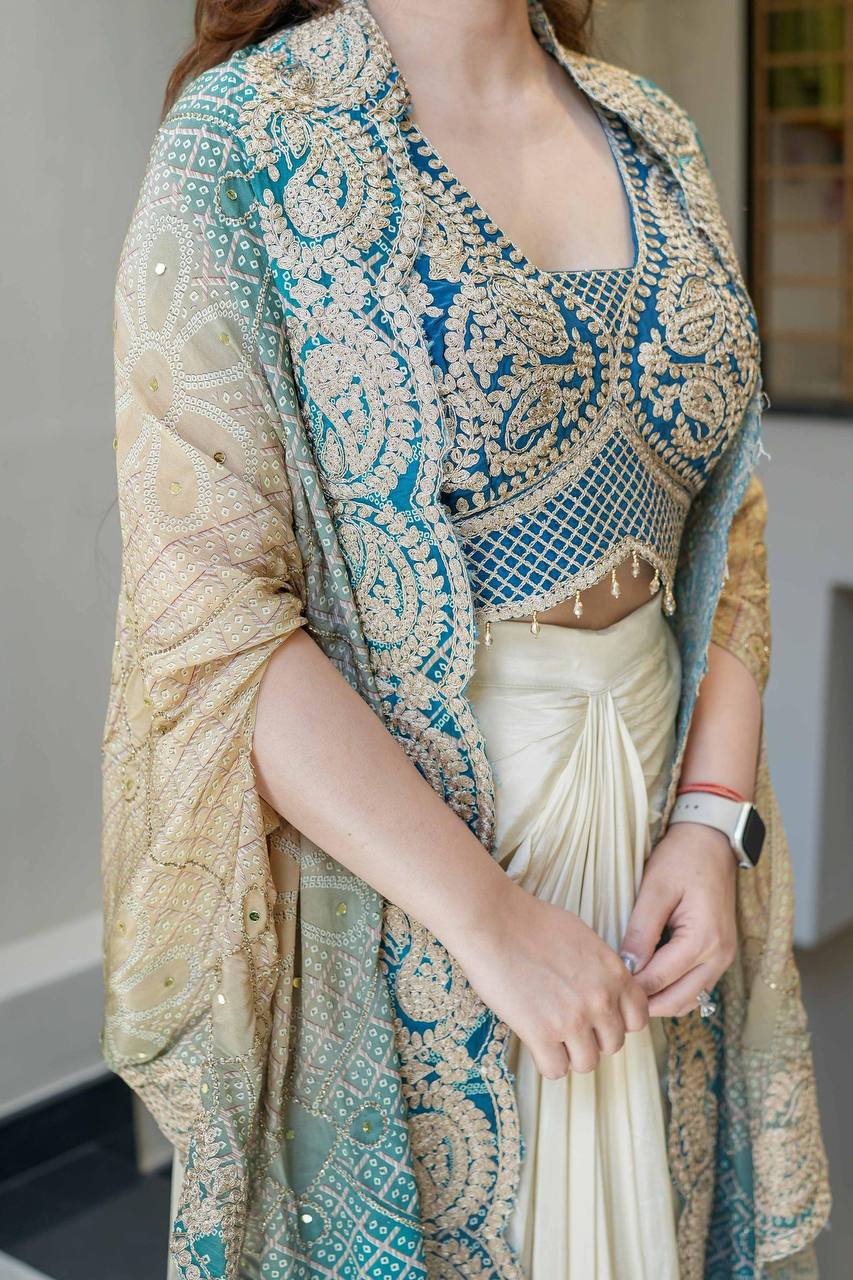 Blue Embroidered Blouse with Cream Drape Skirt & Matching Dupatta Indo Western