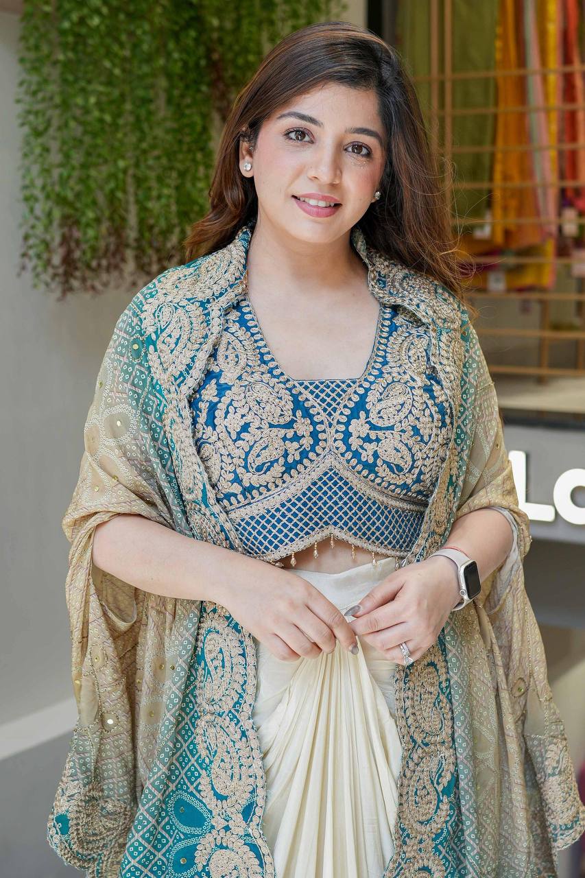 Blue Embroidered Blouse with Cream Drape Skirt & Matching Dupatta Indo Western