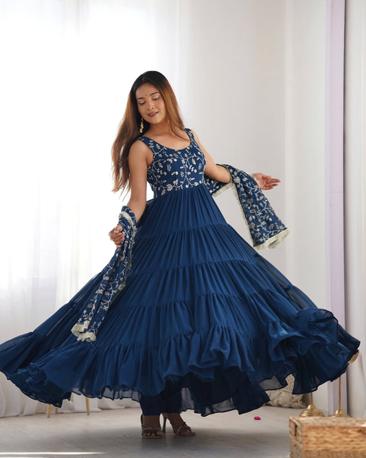 Navy Blue Georgette Gown With Dupatta