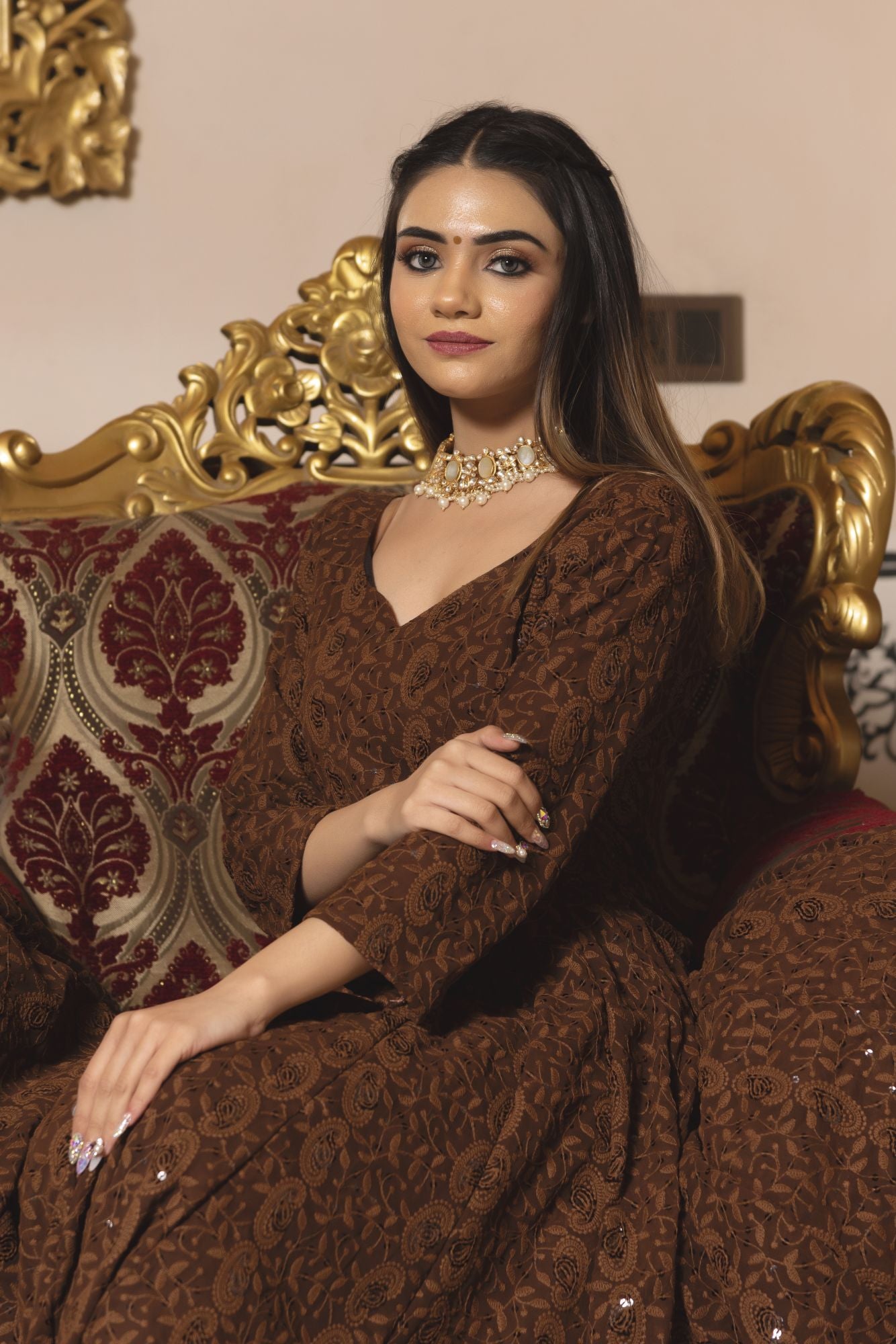 Brown Berry Chikankari Anarkali Suit Set With Dupatta For Wedding