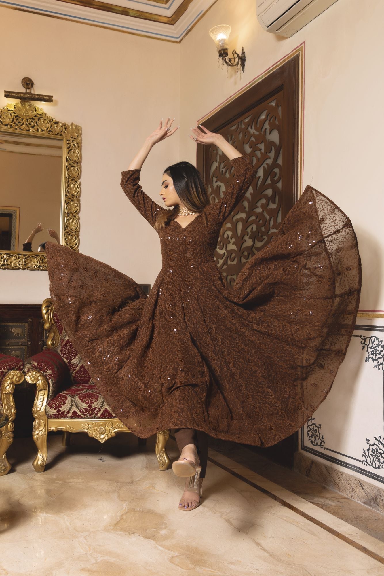 Brown Berry Chikankari Anarkali Suit Set With Dupatta For Wedding