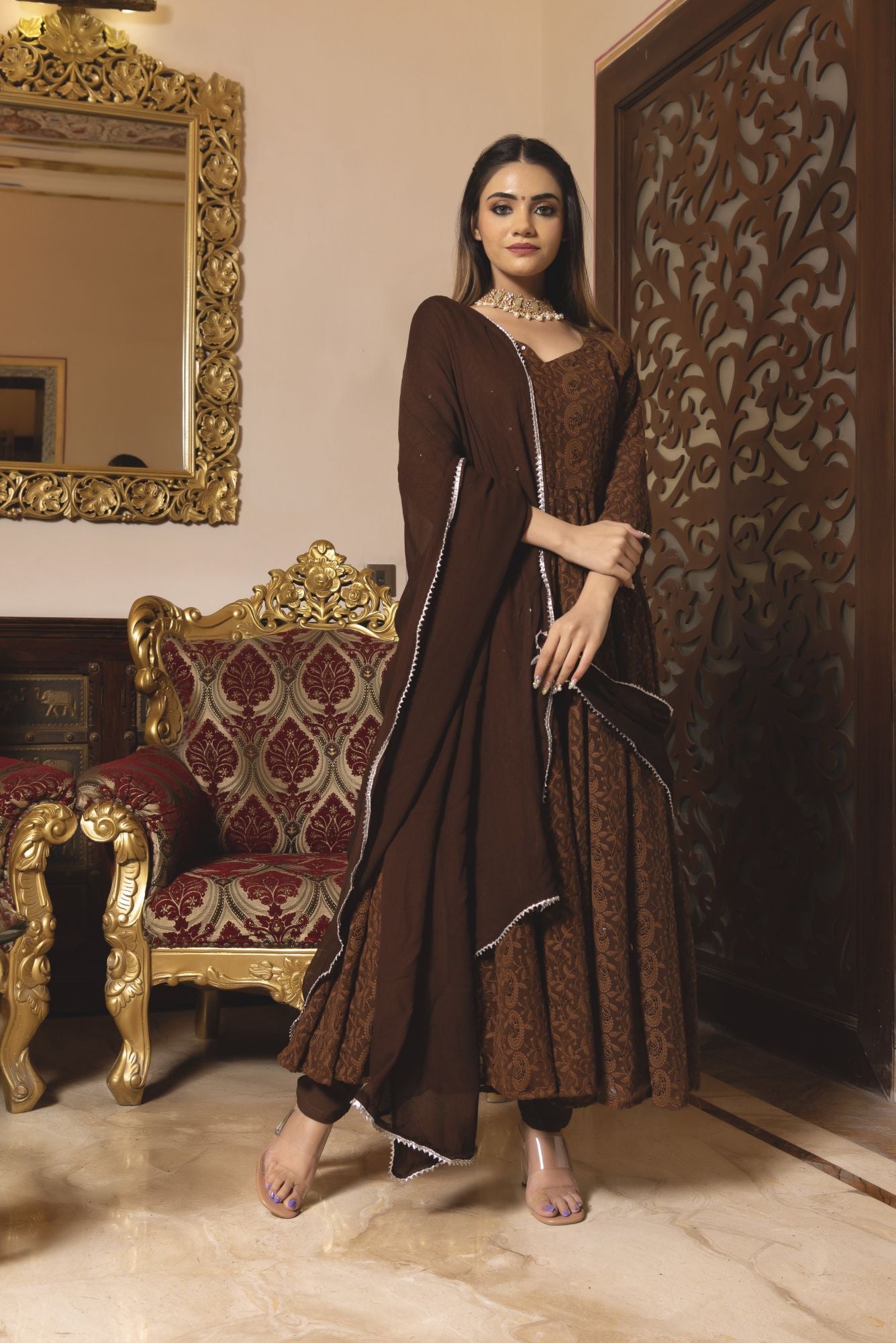 Brown Berry Chikankari Anarkali Suit Set With Dupatta For Wedding