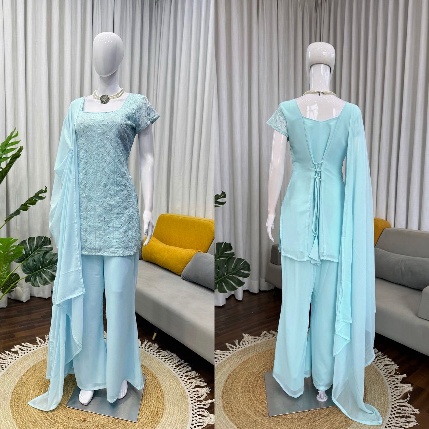 Cloudy Marshmallow Heavy Embroidery Work Kurta Palazzo Set With Dupatta