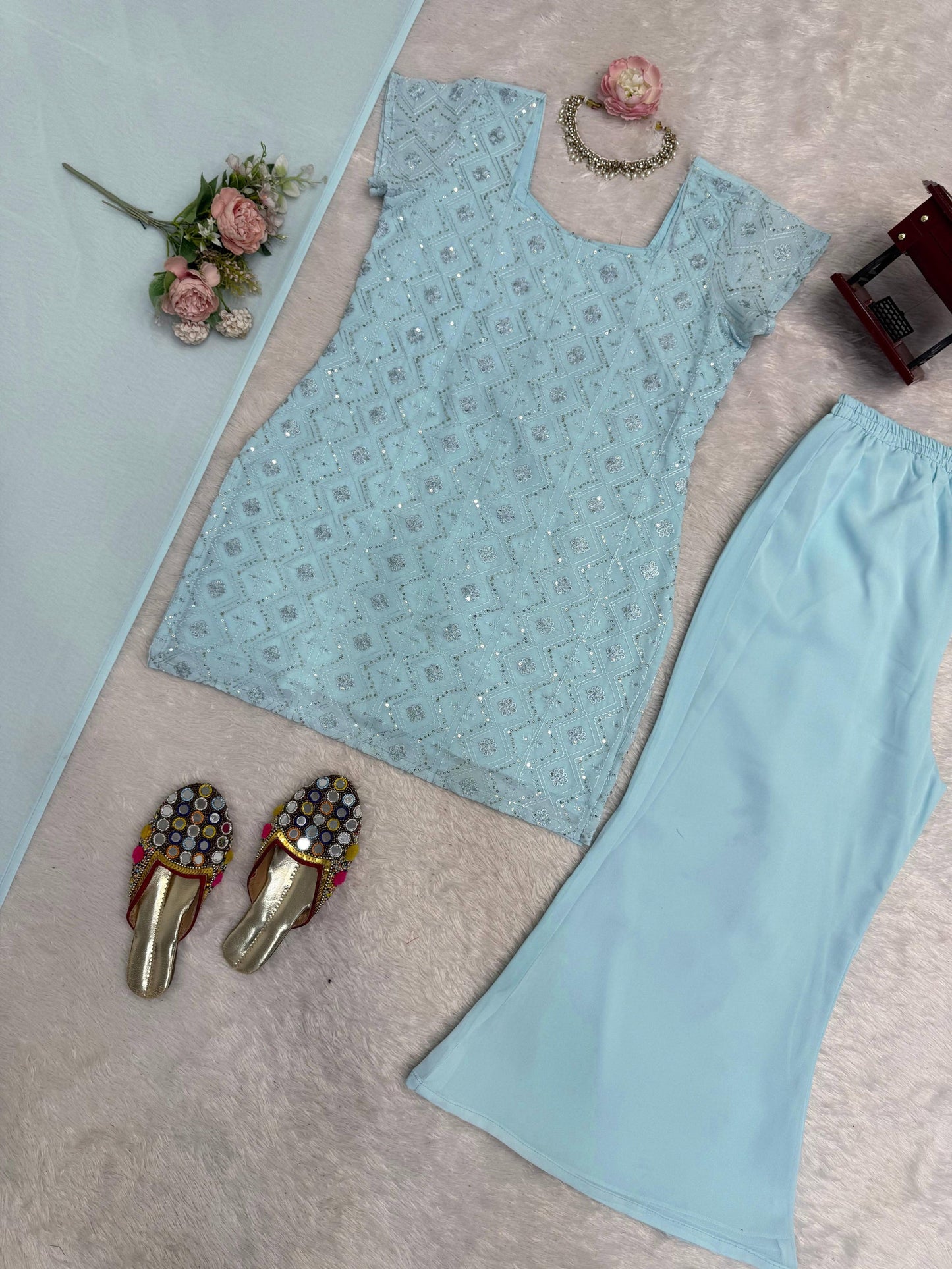 Cloudy Marshmallow Heavy Embroidery Work Kurta Palazzo Set With Dupatta