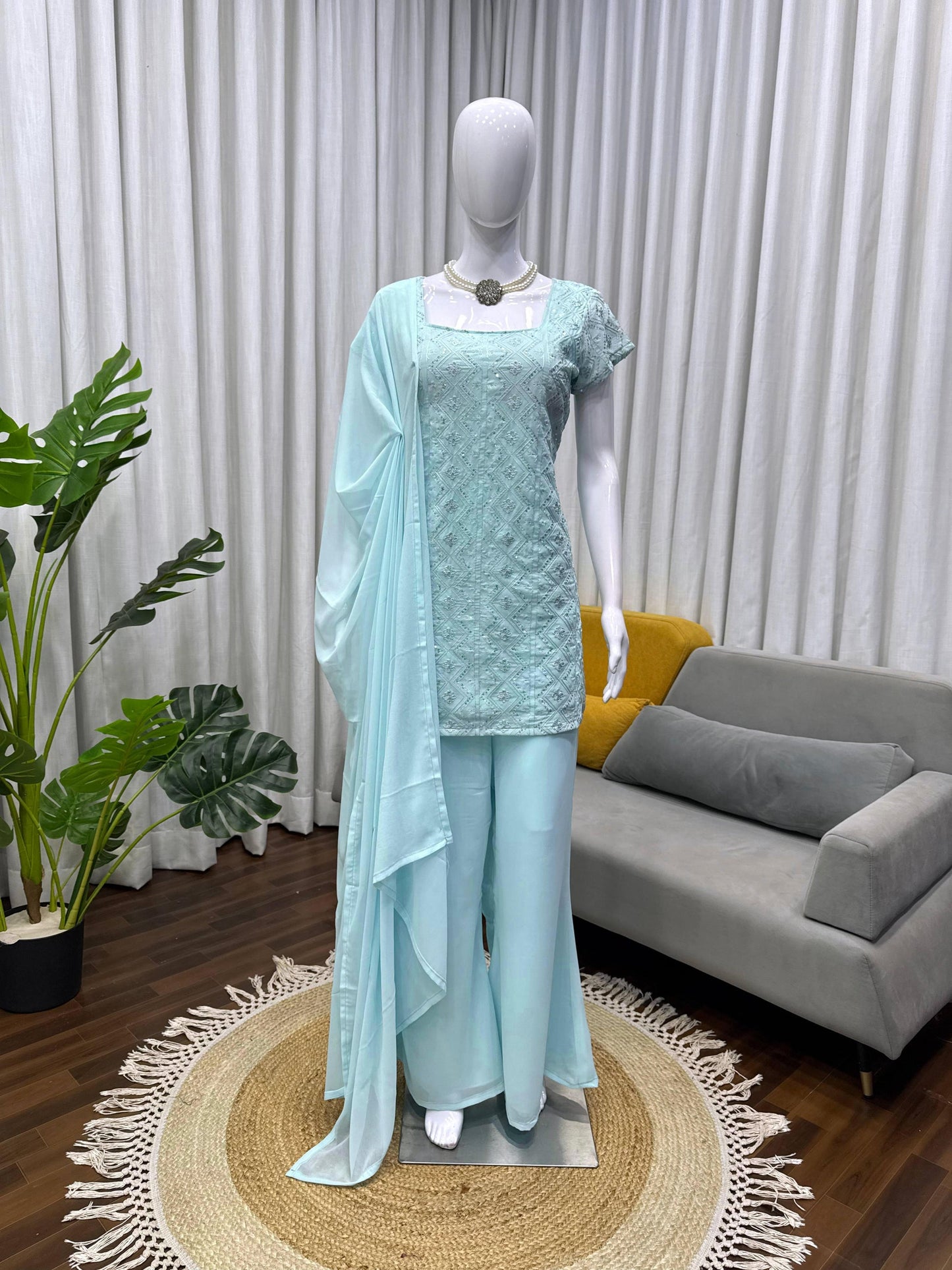 Cloudy Marshmallow Heavy Embroidery Work Kurta Palazzo Set With Dupatta