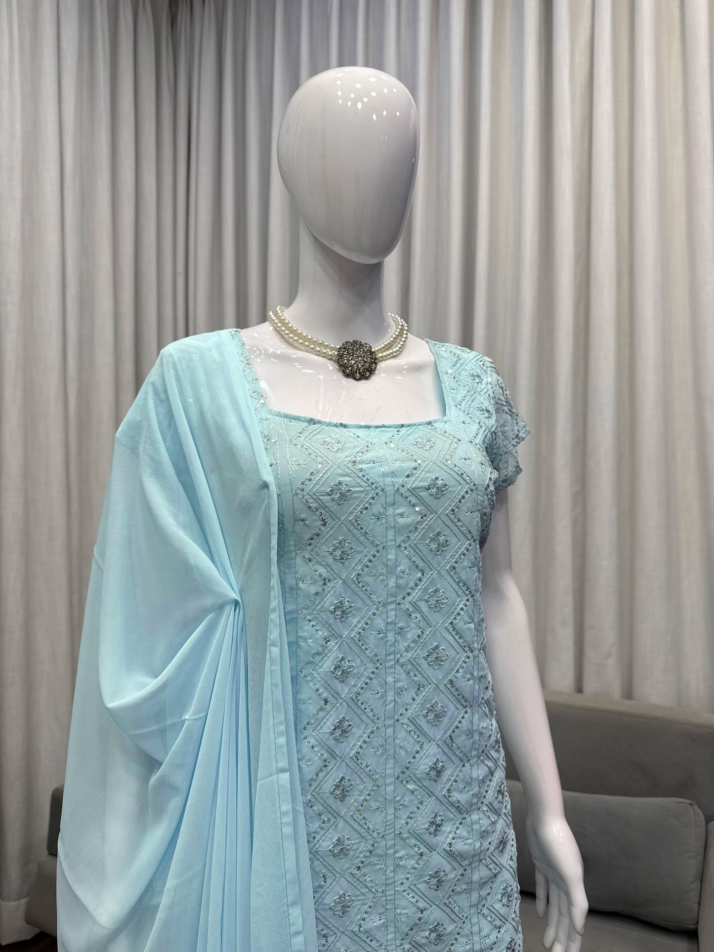 Cloudy Marshmallow Heavy Embroidery Work Kurta Palazzo Set With Dupatta