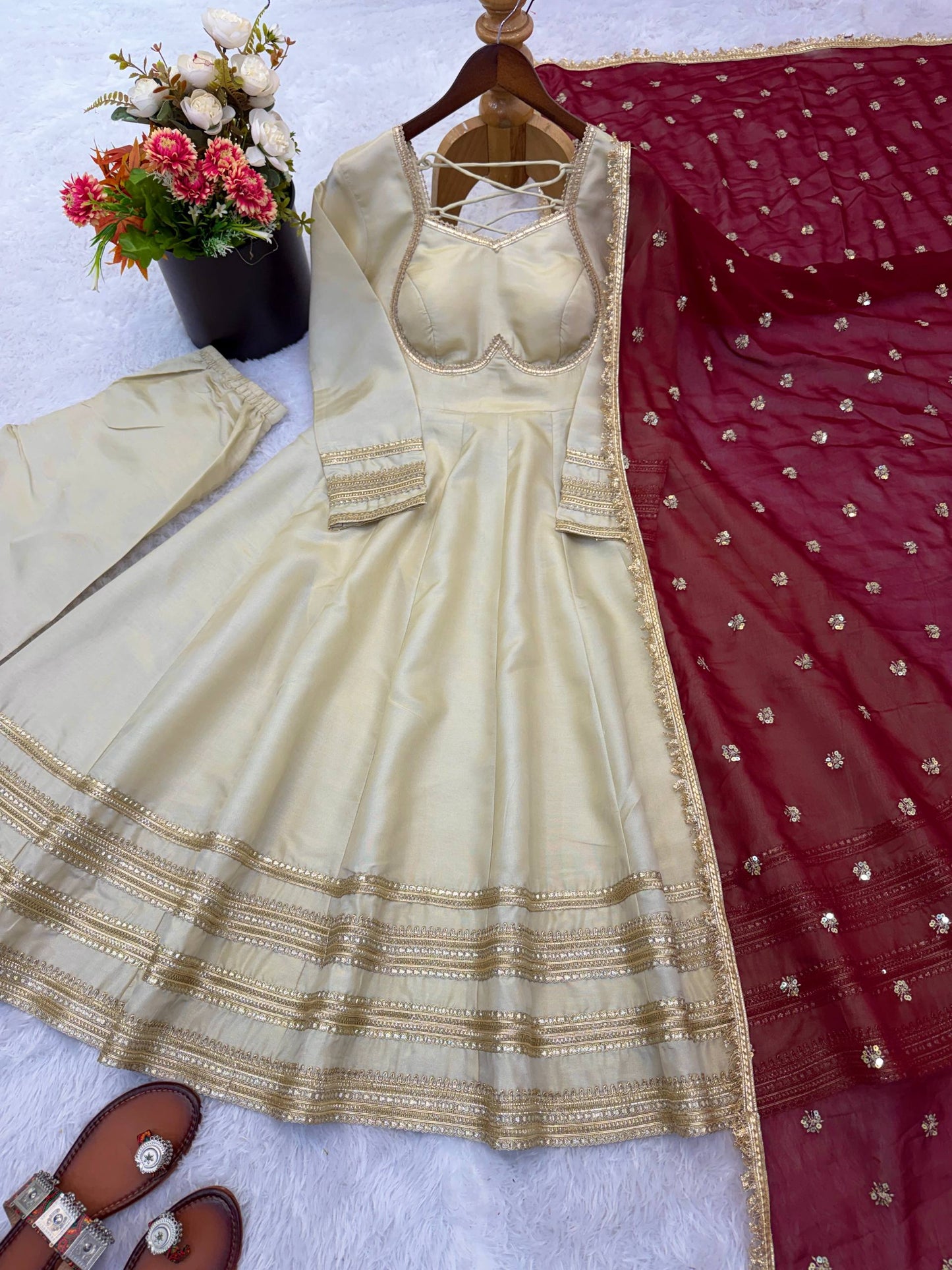 Cream Anarkali Suit with Maroon Embroidered Dupatta for Wedding