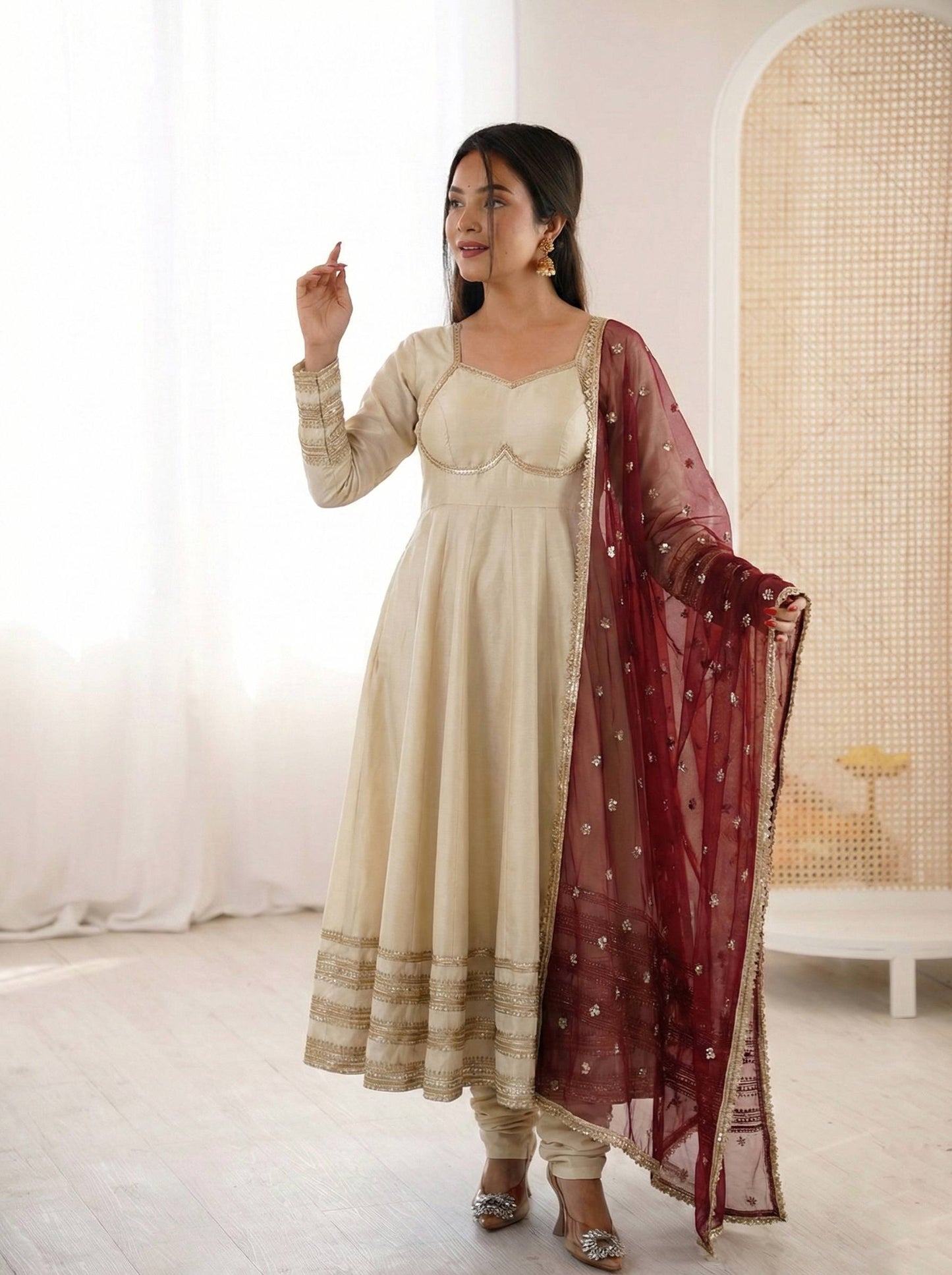 Cream Anarkali Suit with Maroon Embroidered Dupatta for Wedding