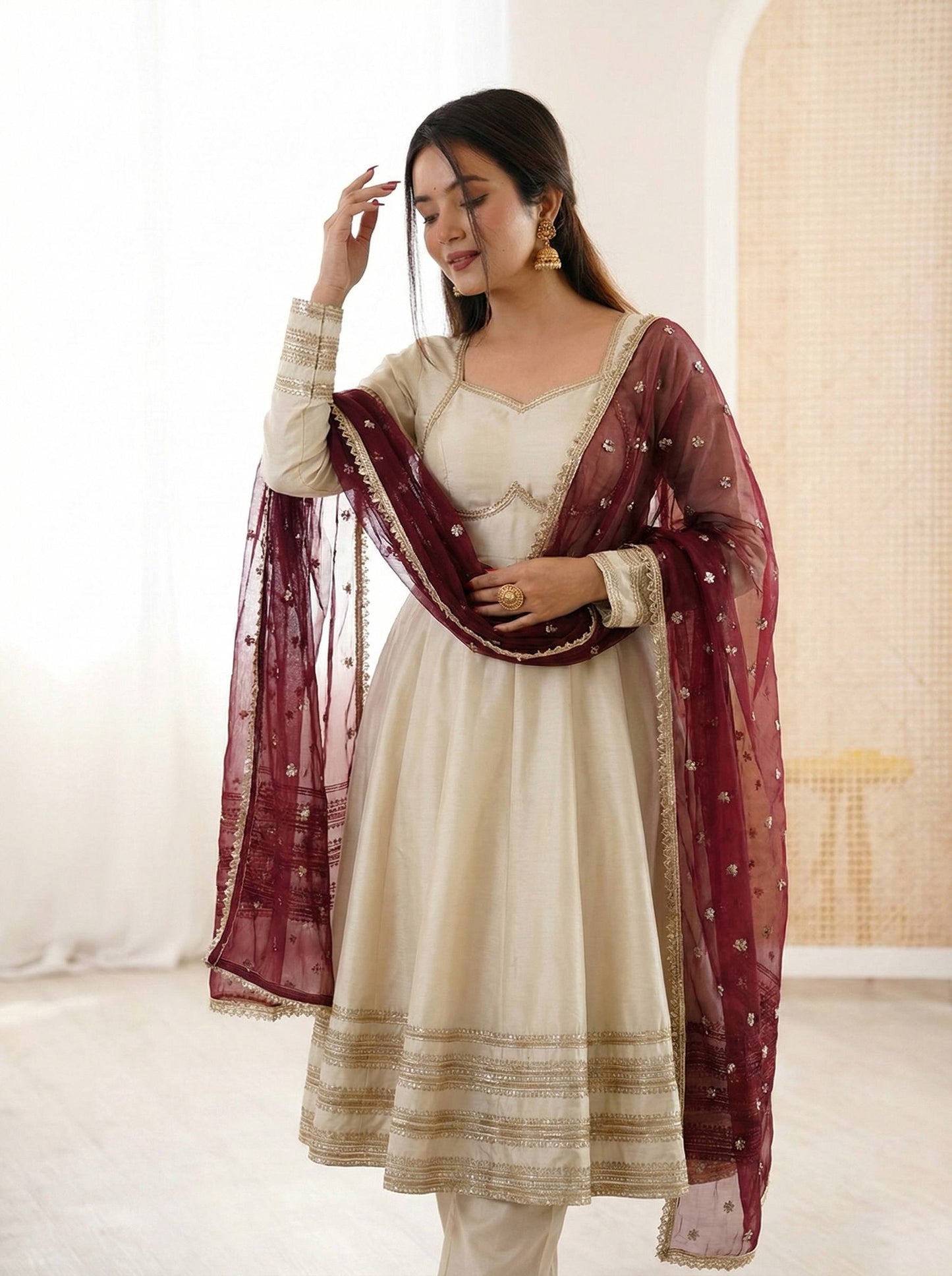 Cream Anarkali Suit with Maroon Embroidered Dupatta for Wedding