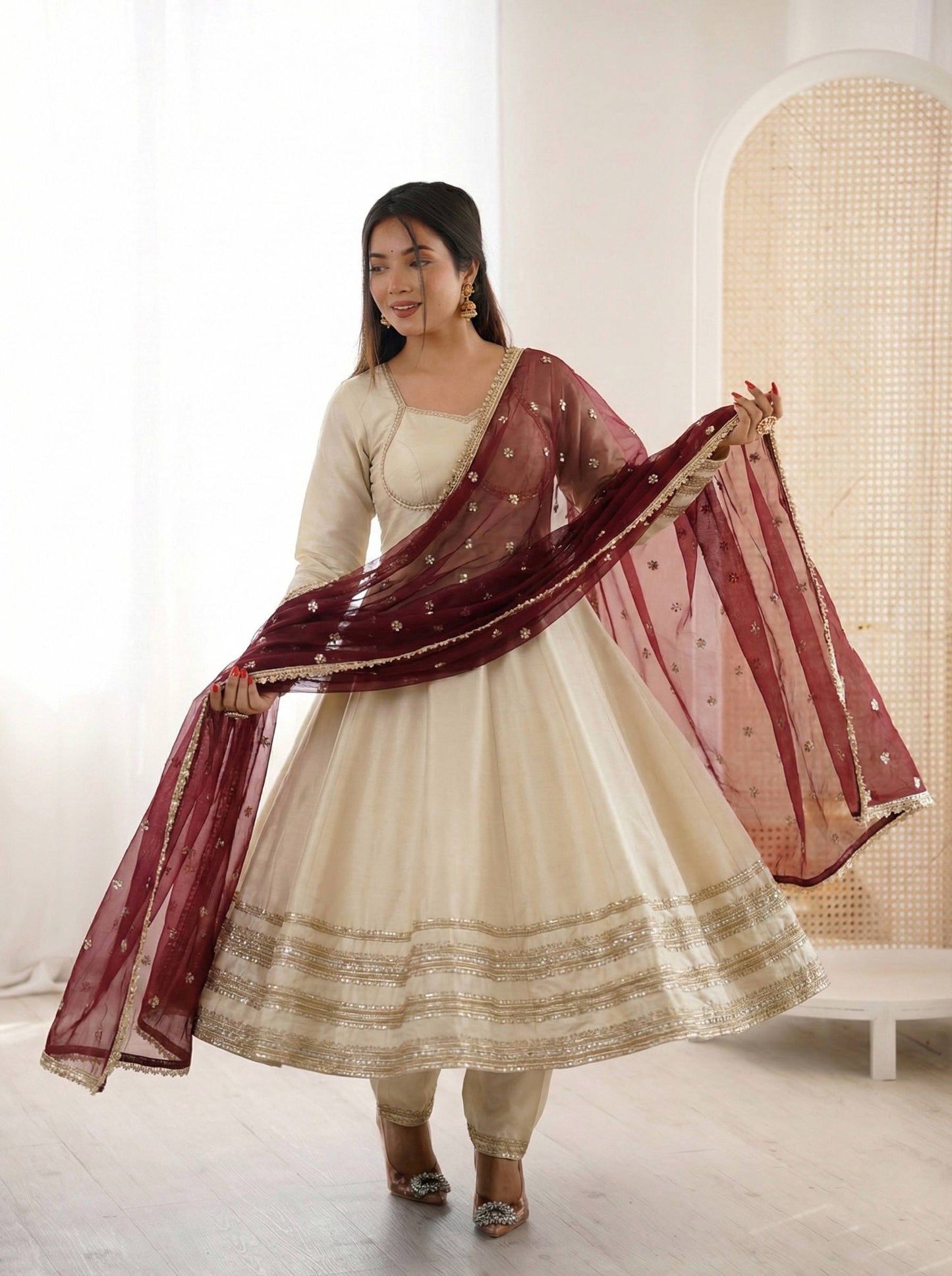 Cream Anarkali Suit with Maroon Embroidered Dupatta for Wedding