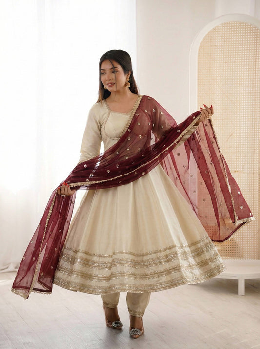 Cream Anarkali Suit with Maroon Embroidered Dupatta for Wedding