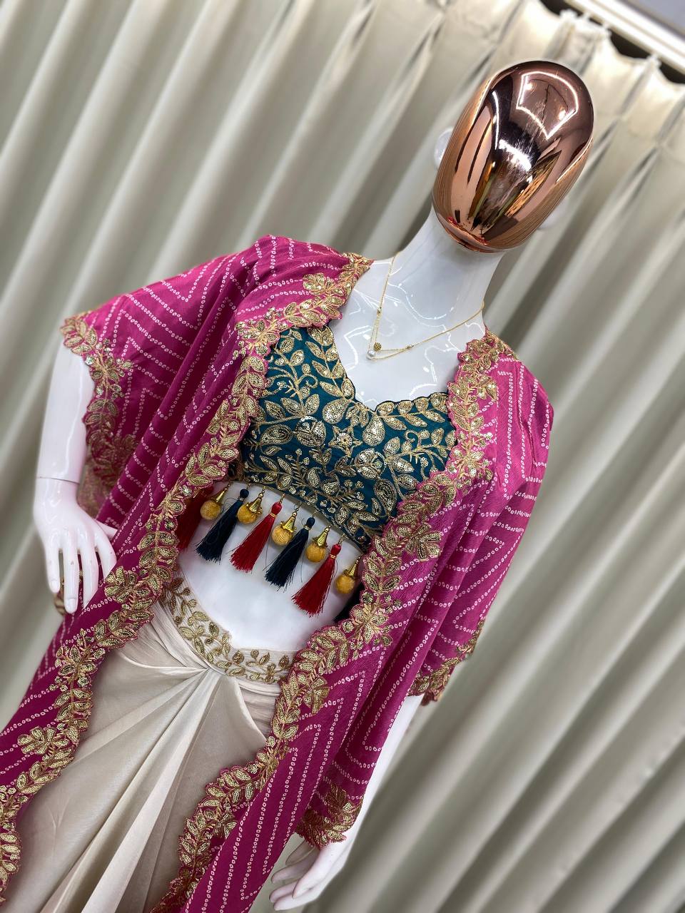 Cream Drape Skirt Set and Pink Shrug With Embroidered Western Look Outfit