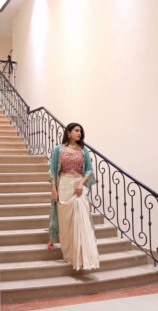 Cream Drape Skirt Set and Rama Shrug With Embroidered Western Look Outfit