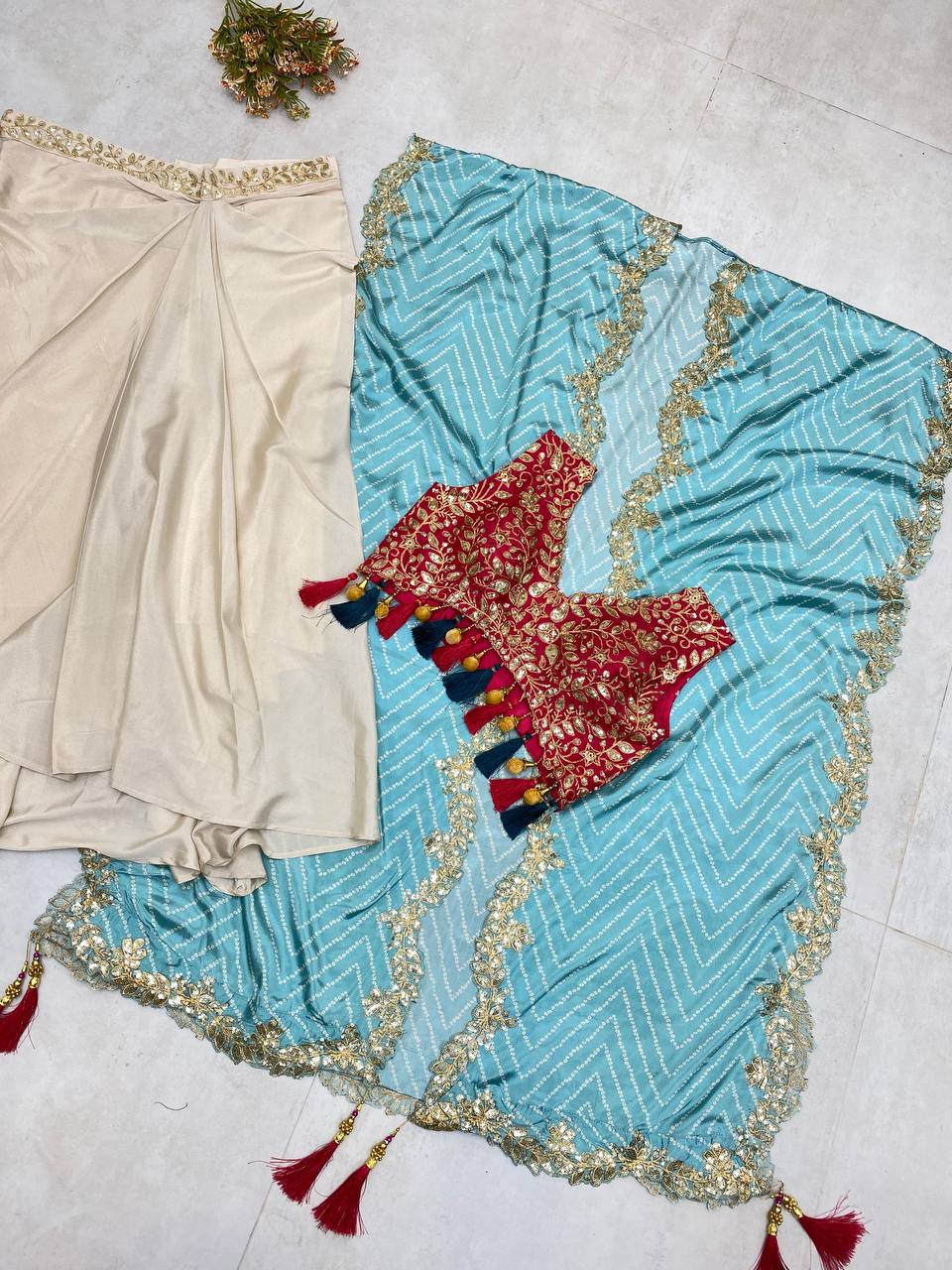 Cream Drape Skirt Set and Rama Shrug With Embroidered Western Look Outfit