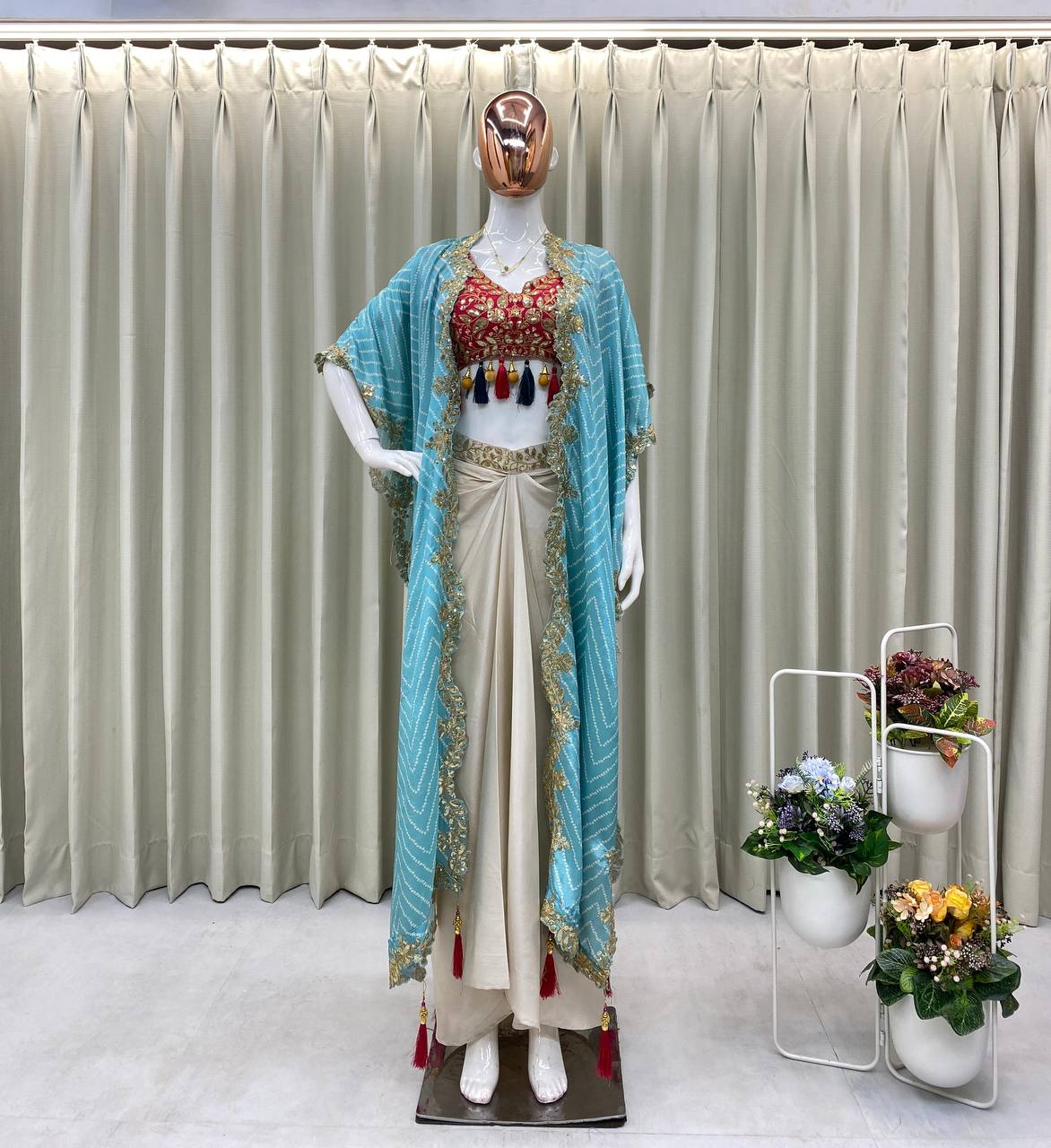 Cream Drape Skirt Set and Rama Shrug With Embroidered Western Look Outfit