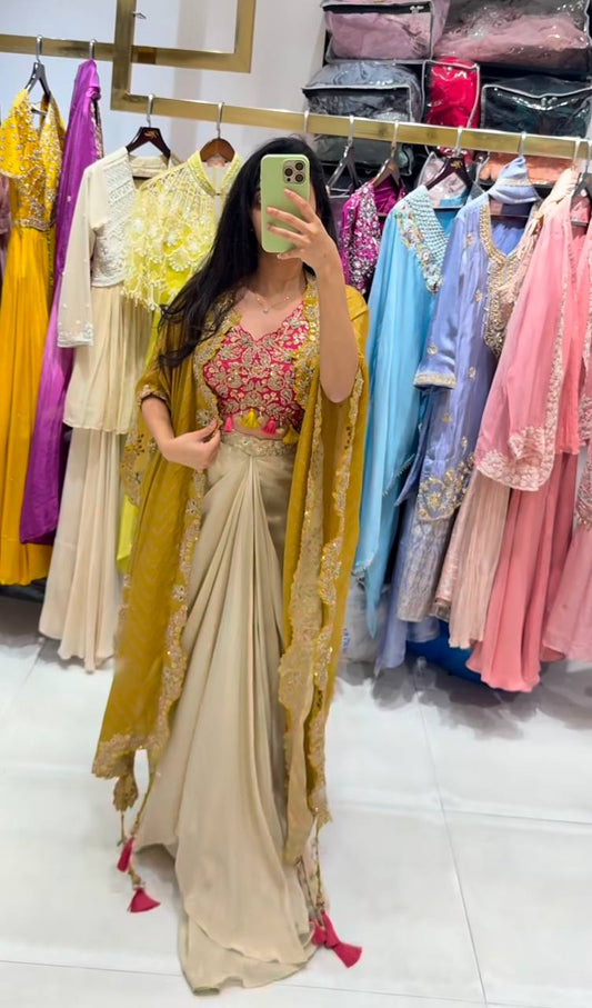 Cream Drape Skirt Set and Yellow Shrug With Embroidered Western Look Outfit