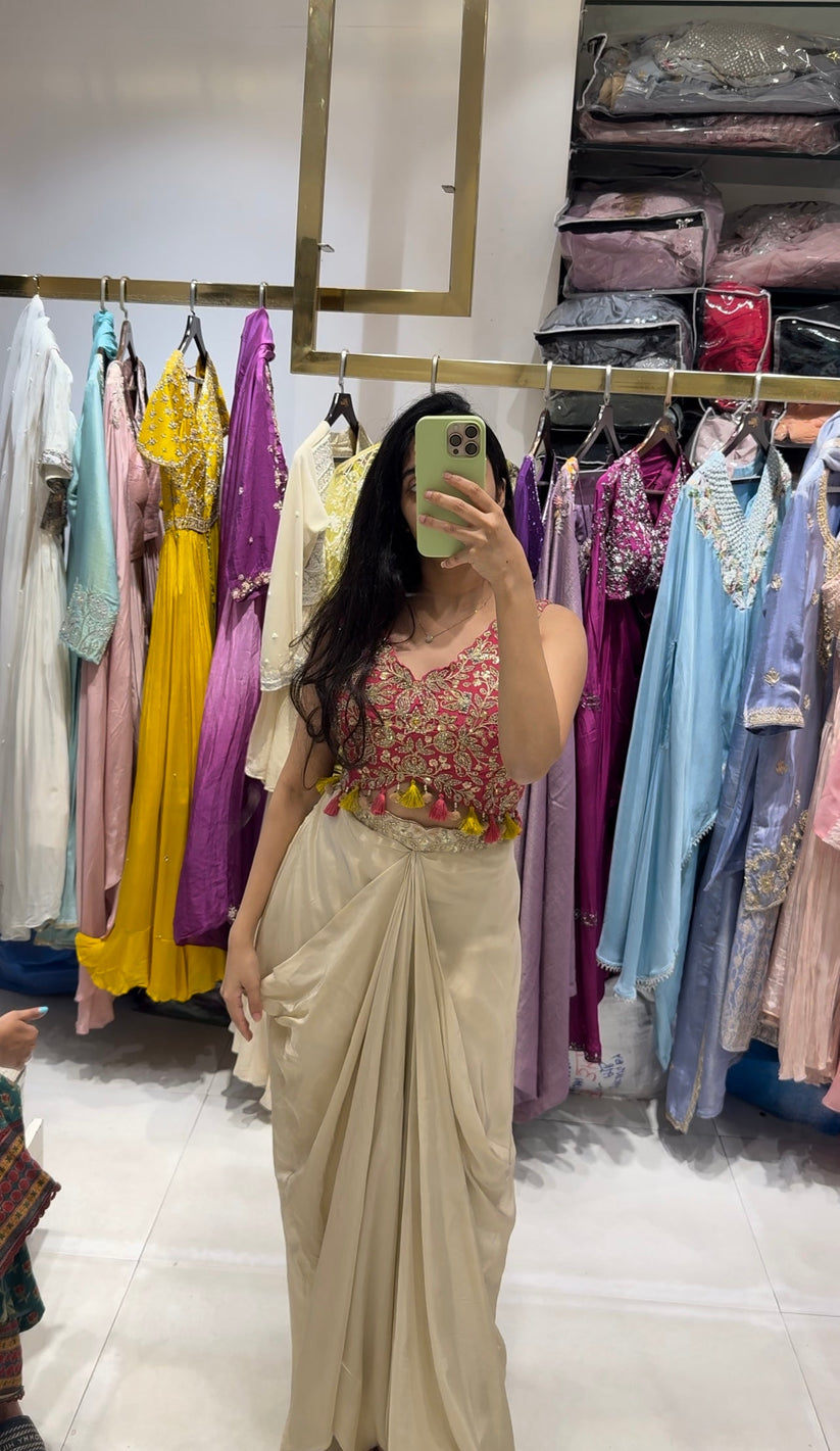 Cream Drape Skirt Set and Yellow Shrug With Embroidered Western Look Outfit