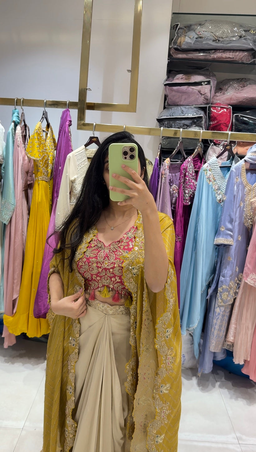 Cream Drape Skirt Set and Yellow Shrug With Embroidered Western Look Outfit