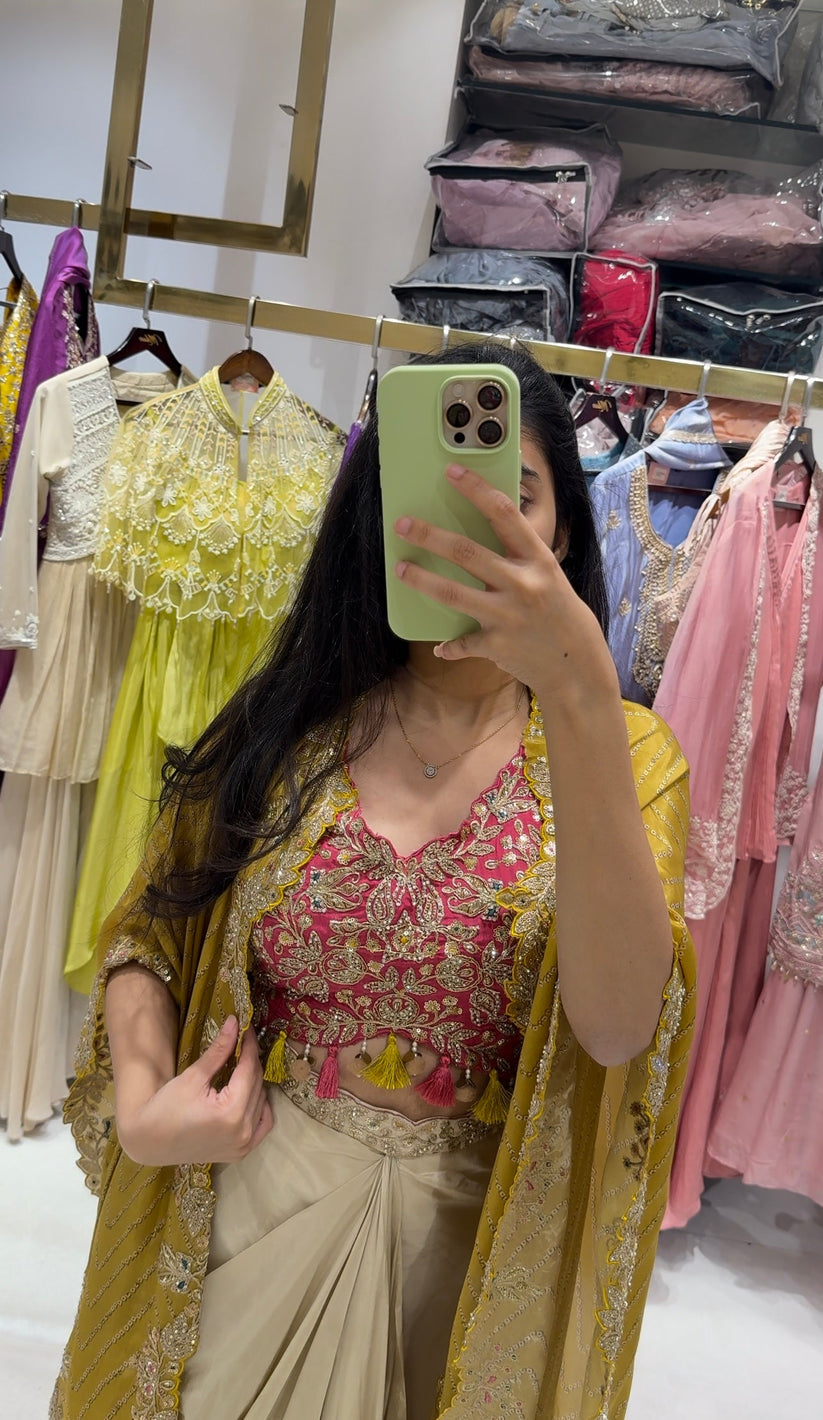 Cream Drape Skirt Set and Yellow Shrug With Embroidered Western Look Outfit