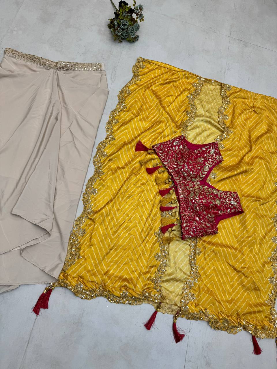 Cream Drape Skirt Set and Yellow Shrug With Embroidered Western Look Outfit