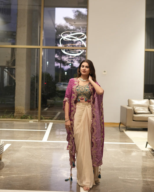 Cream Drape Skirt Set and Pink Shrug With Embroidered Western Look Outfit