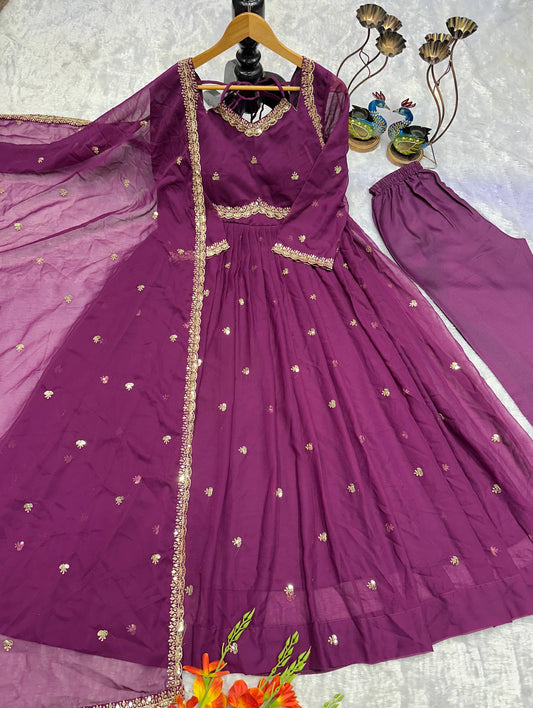 Deep Wine Partywear Anarkali Suit Set with Embellished Border Dupatta
