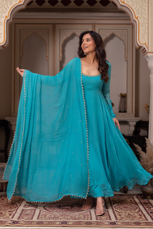 Designer Blue Georgette Anarkali Dress for Festive Wear