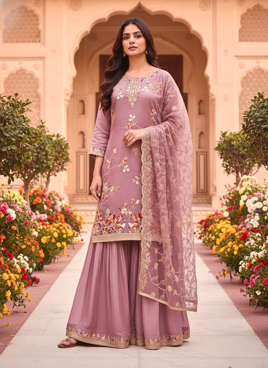Designer Dusty Pink Party Wear Look Silk Top Plazzo Suit Set With Dupatta For Function