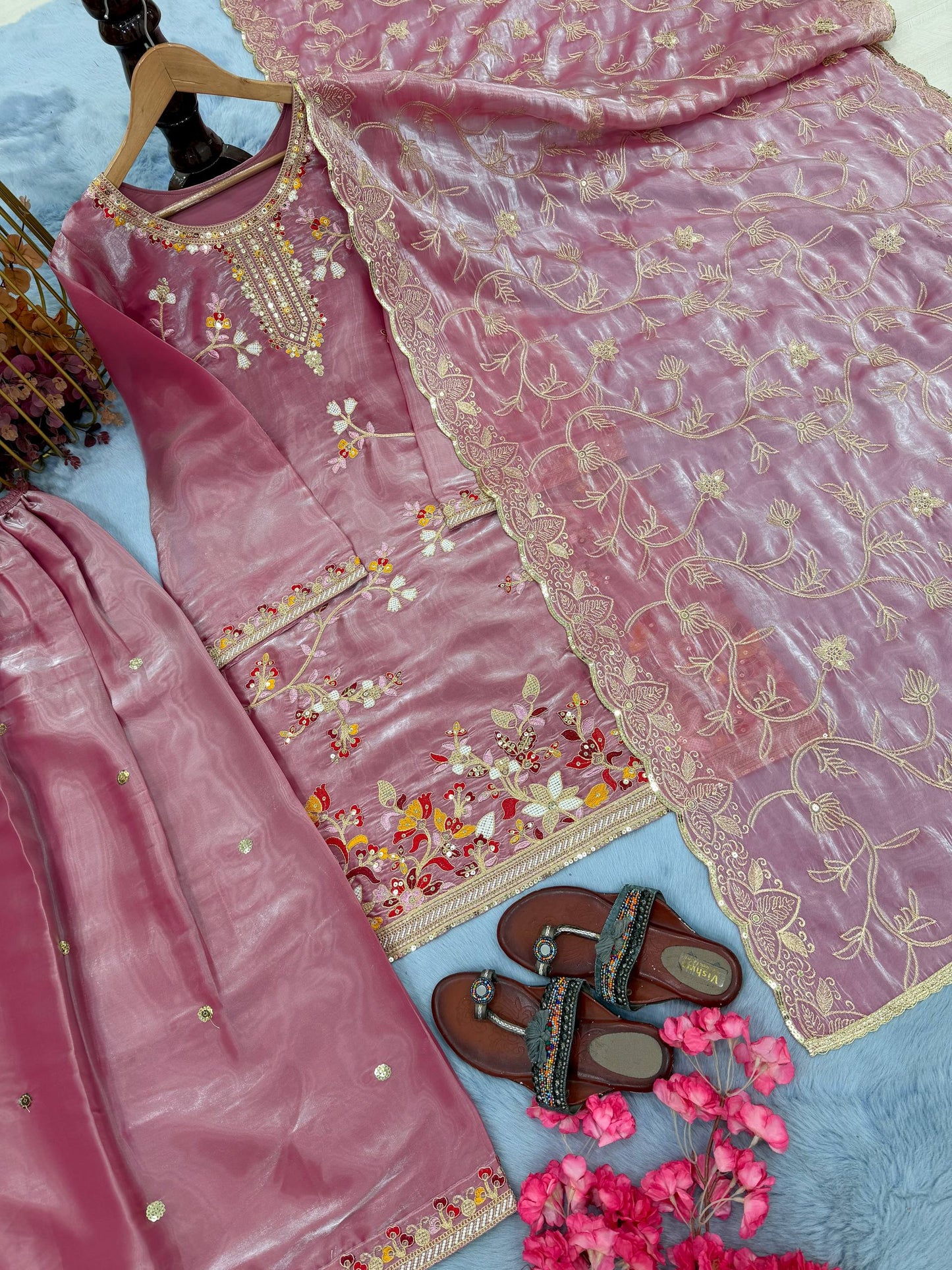 Designer Dusty Pink Party Wear Look Silk Top Plazzo Suit Set With Dupatta For Function