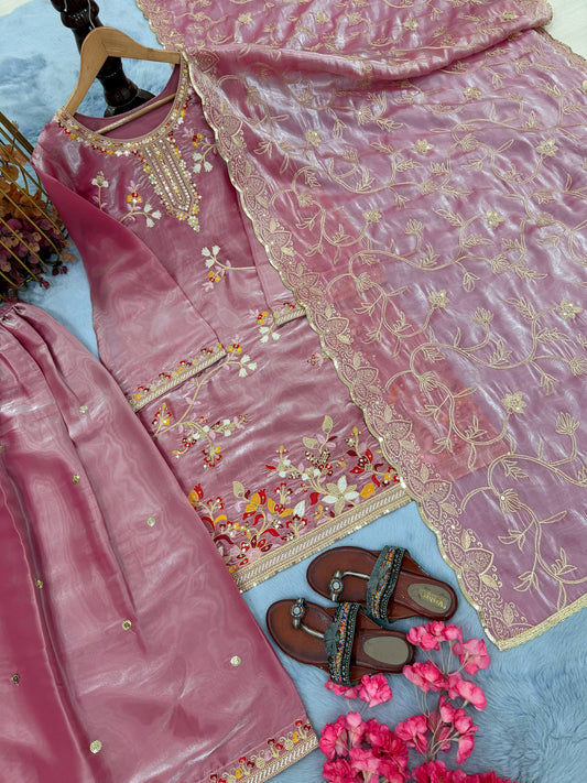 Designer Dusty Pink Party Wear Look Silk Top Plazzo Suit Set With Dupatta For Function