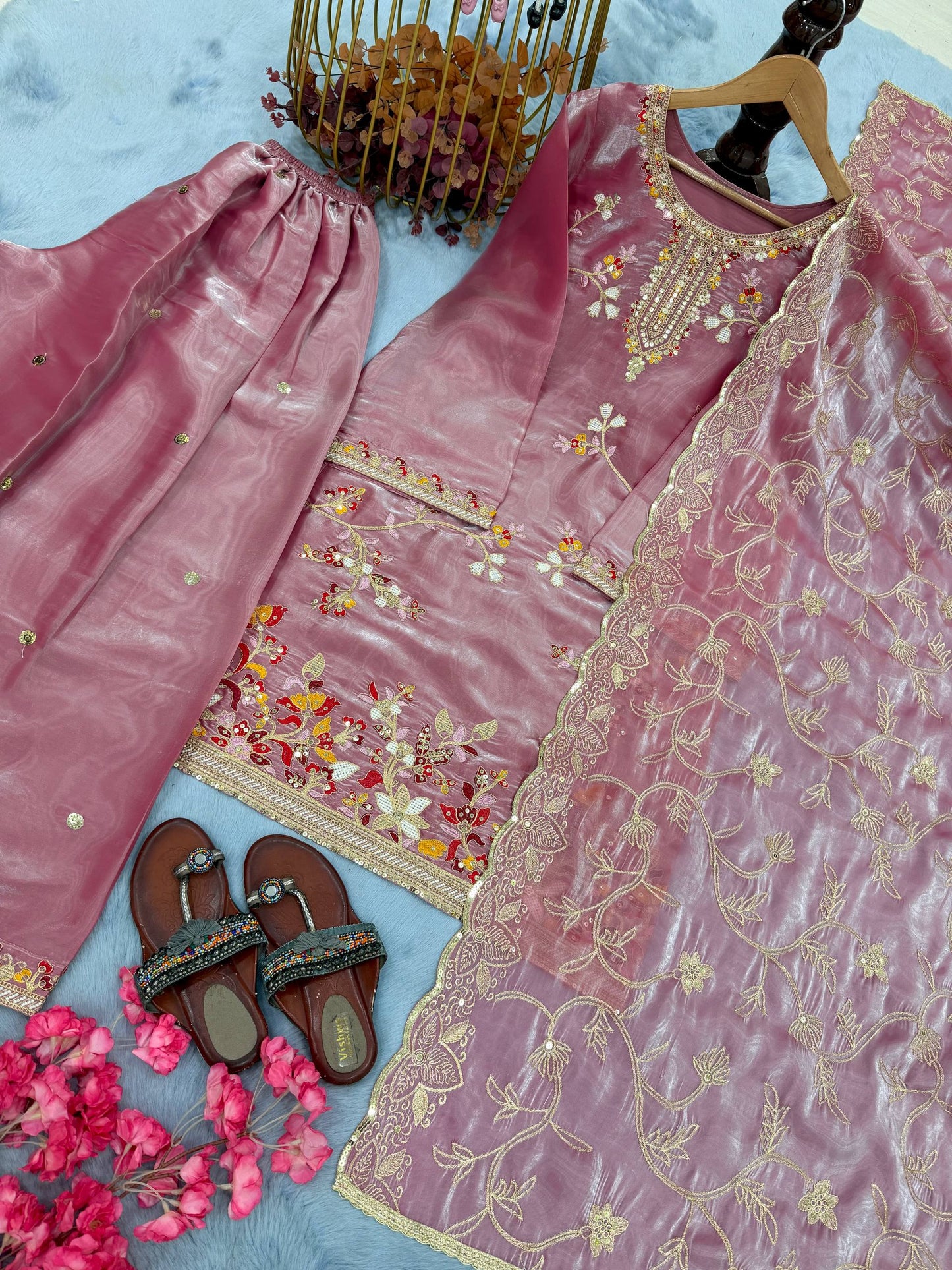 Designer Dusty Pink Party Wear Look Silk Top Plazzo Suit Set With Dupatta For Function