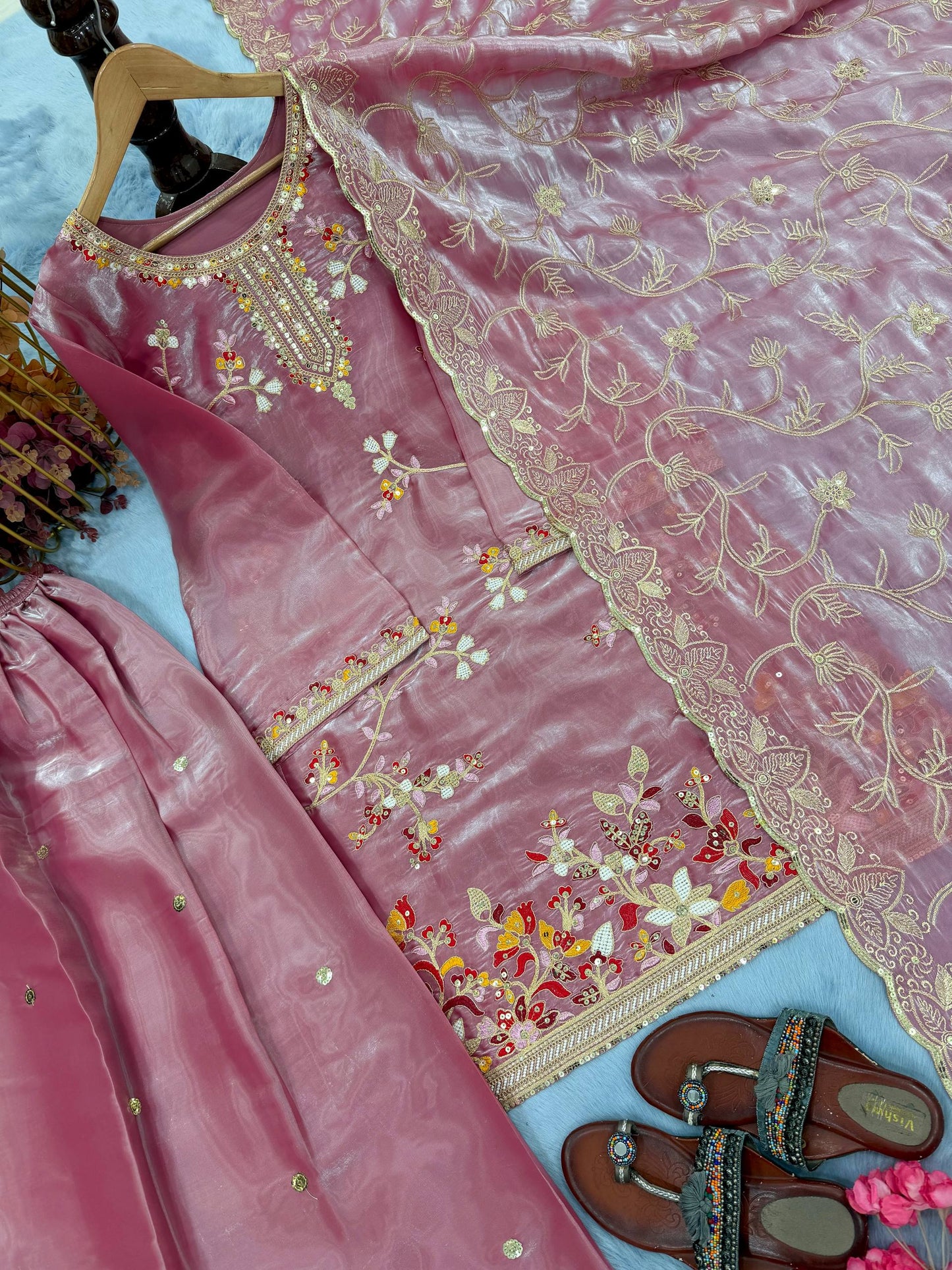 Designer Dusty Pink Party Wear Look Silk Top Plazzo Suit Set With Dupatta For Function