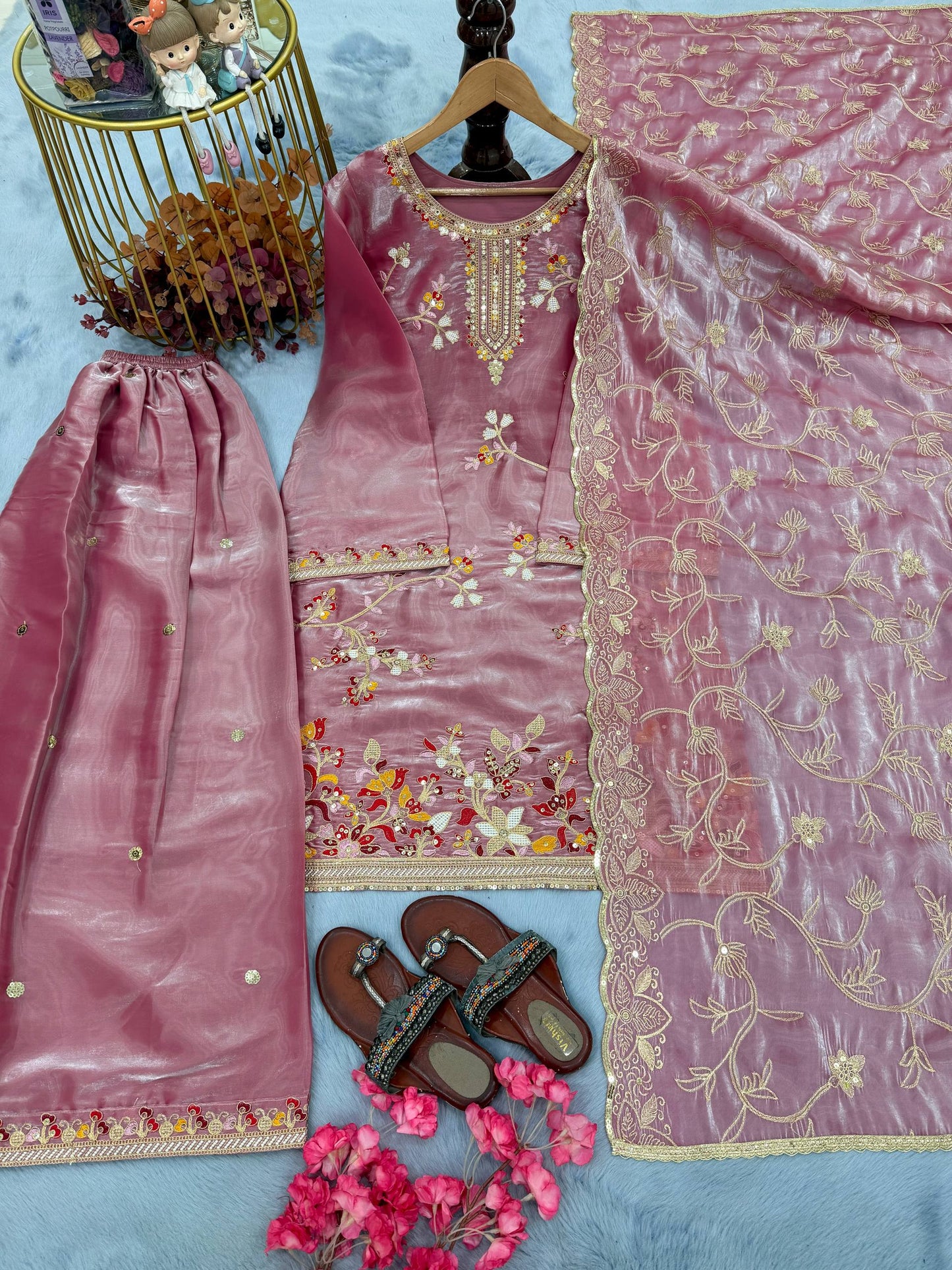 Designer Dusty Pink Party Wear Look Silk Top Plazzo Suit Set With Dupatta For Function