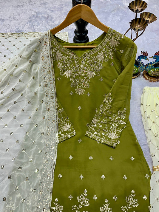 Designer Partywear Parrot Color Georgette Sharara Set with Embroidery Work