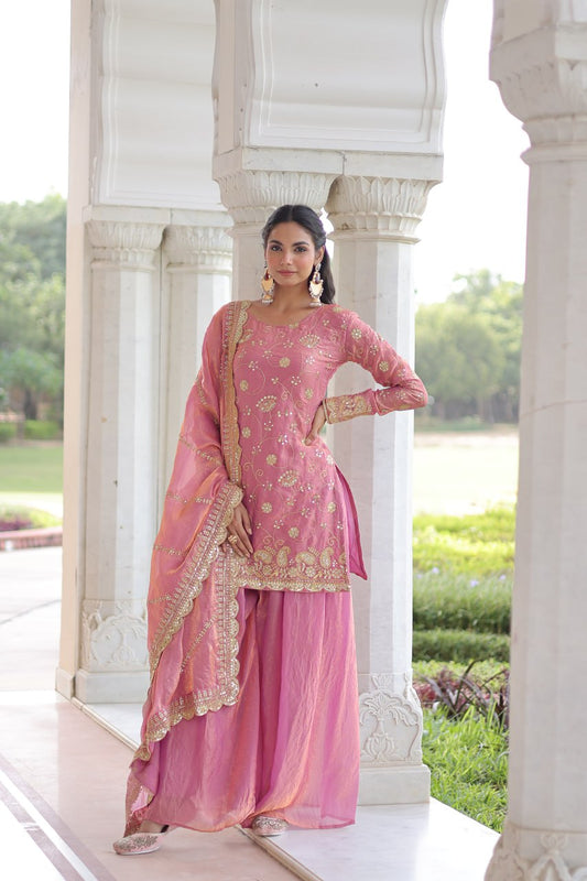 Designer Pink Georgette Embroidery Work Sharara Suit With Dupatta For Wedding