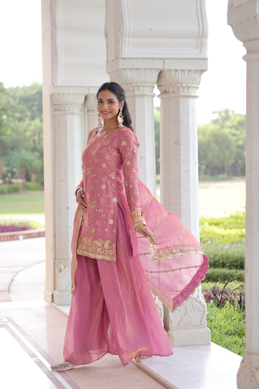 Designer Pink Georgette Embroidery Work Sharara Suit With Dupatta For Wedding