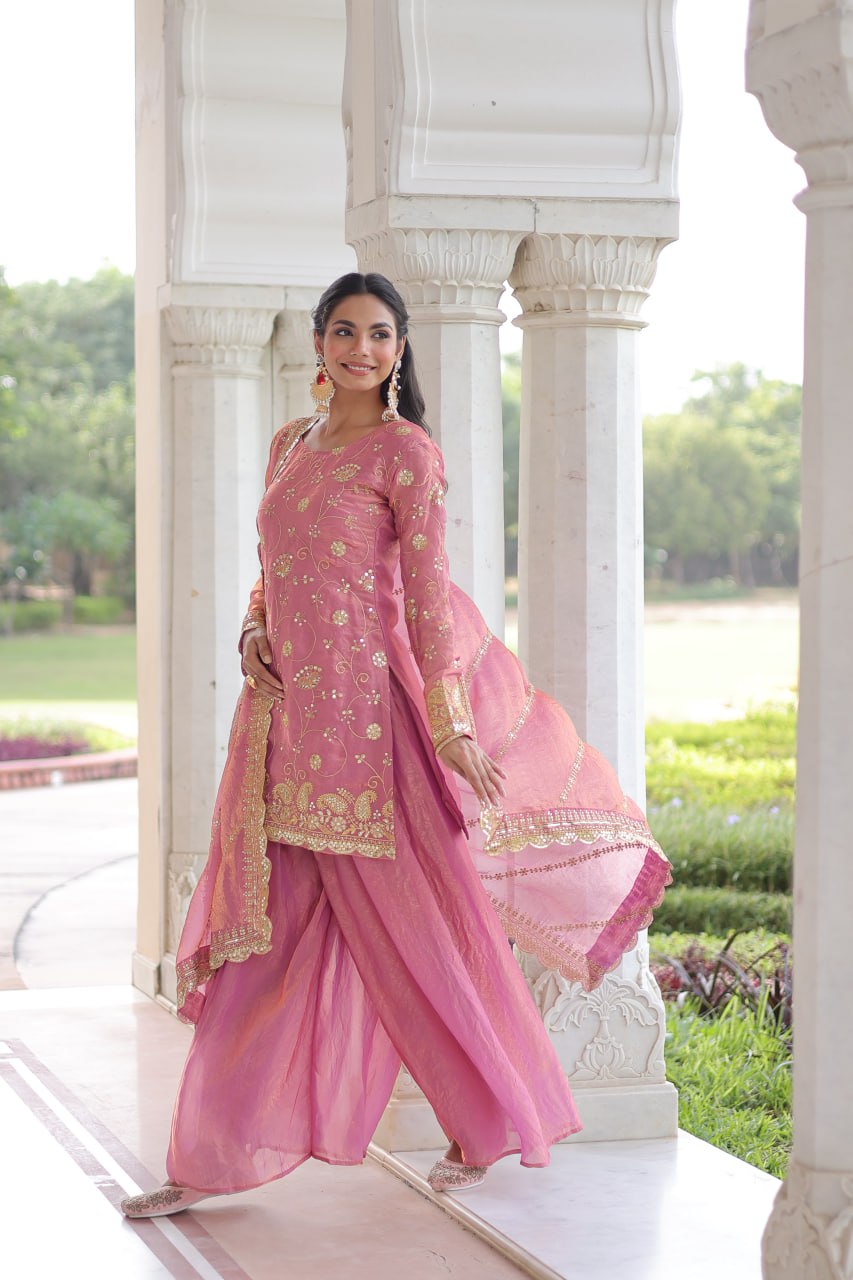 Designer Pink Georgette Embroidery Work Sharara Suit With Dupatta For Wedding