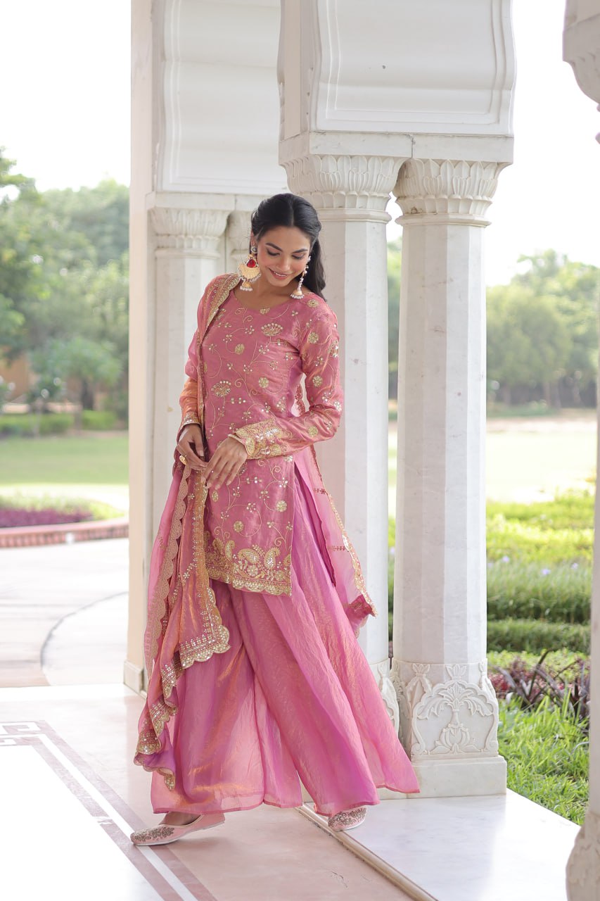 Designer Pink Georgette Embroidery Work Sharara Suit With Dupatta For Wedding