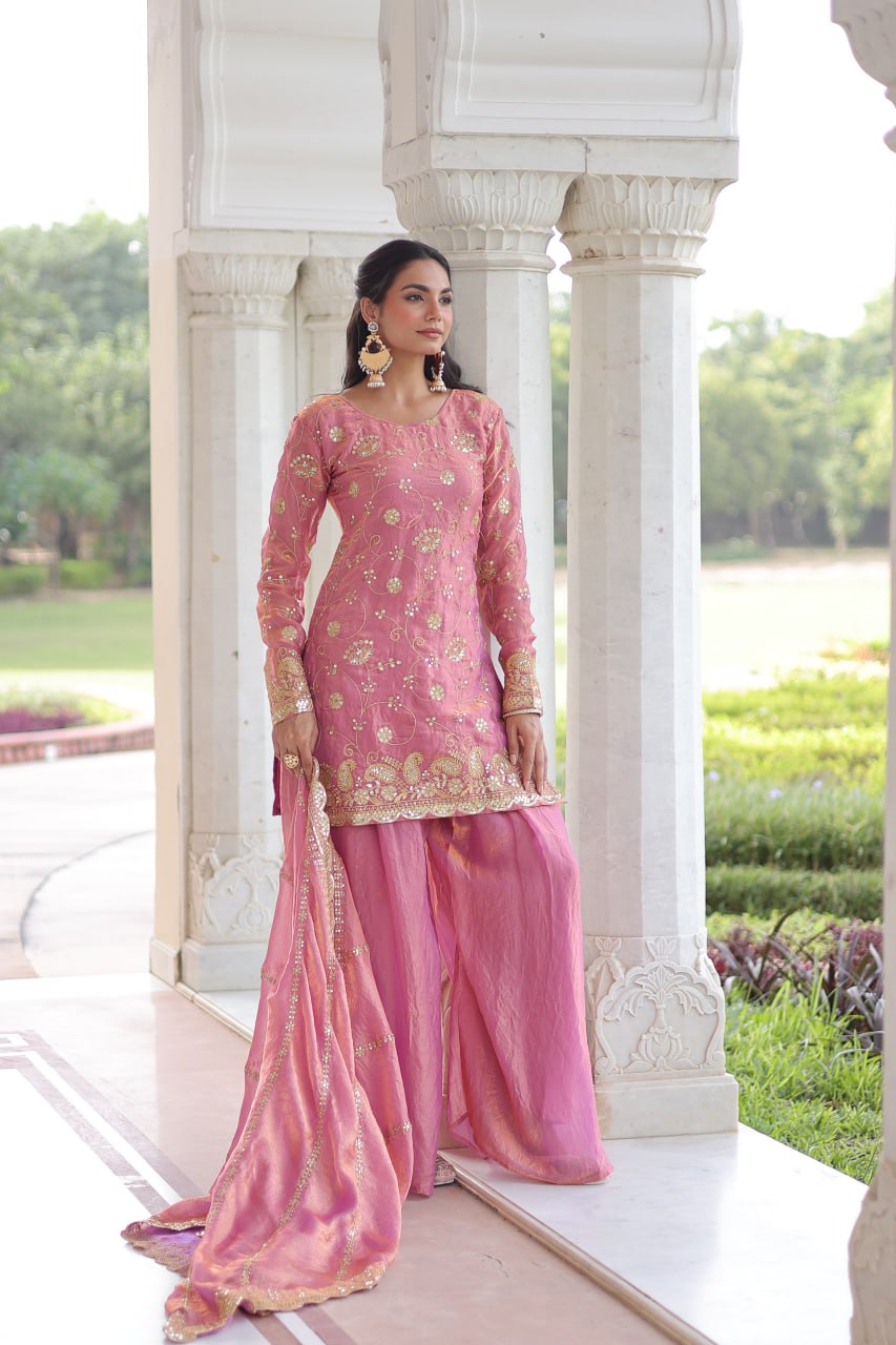 Designer Pink Georgette Embroidery Work Sharara Suit With Dupatta For Wedding