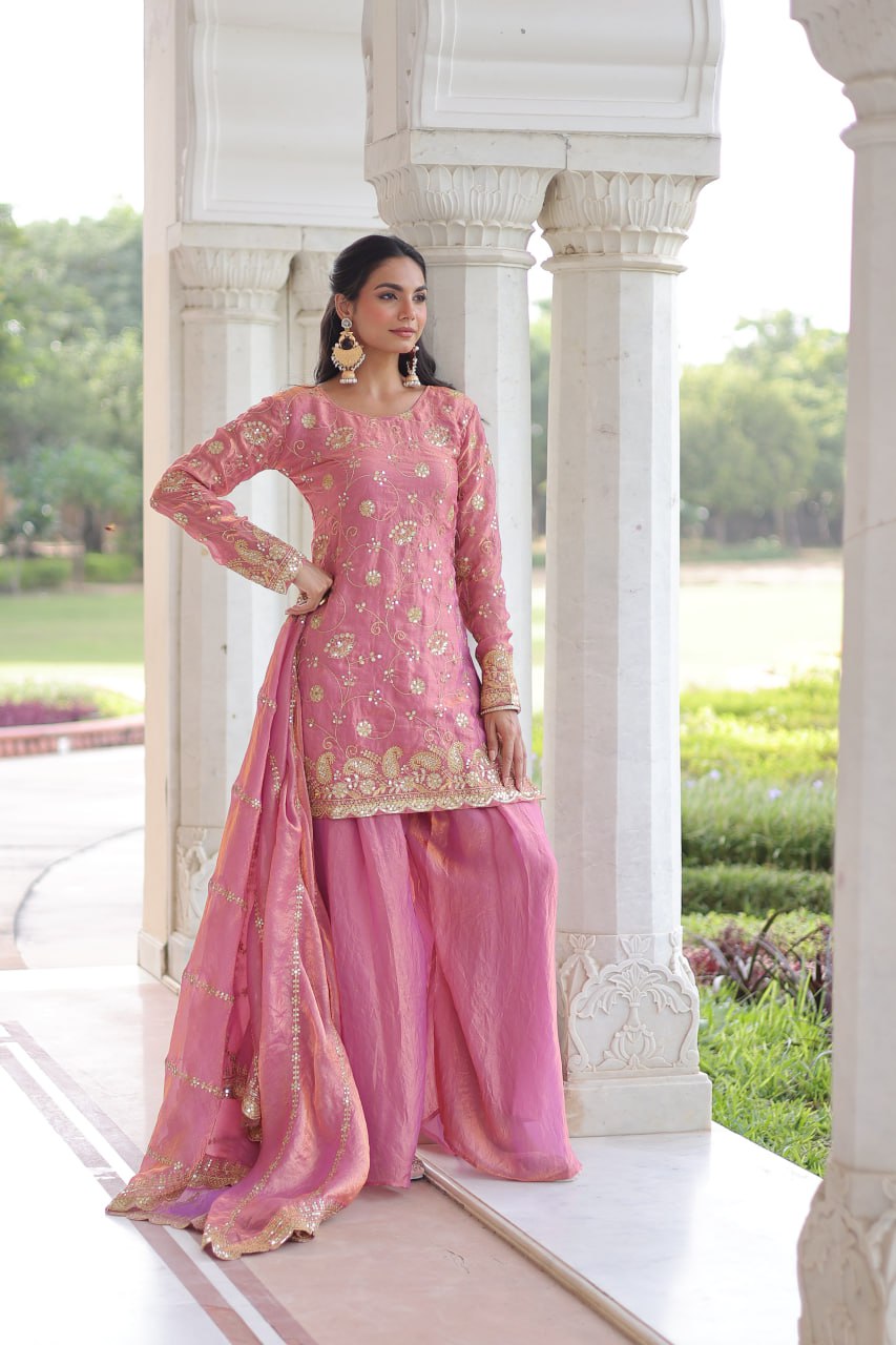 Designer Pink Georgette Embroidery Work Sharara Suit With Dupatta For Wedding