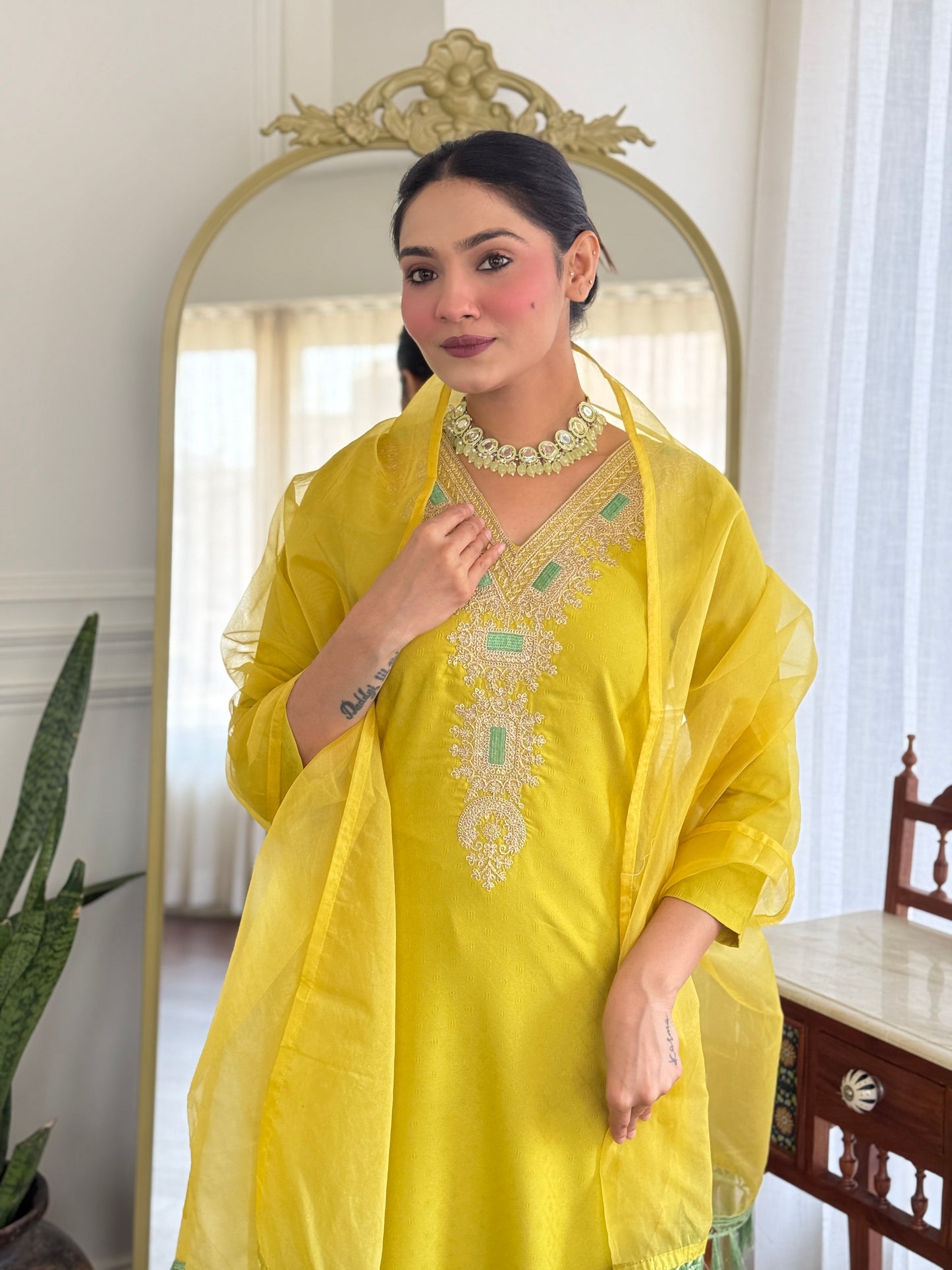 Dhanyasri Cotton Blend Straight Suit Set With Dupatta