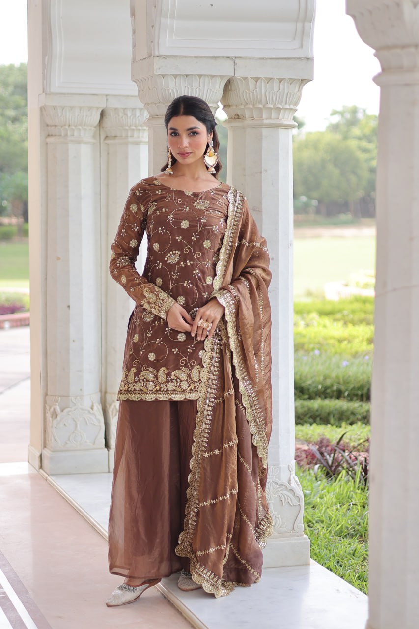 Dune Brown Heavy Embroidery Work Sharara Suit Set With Dupatta For Function