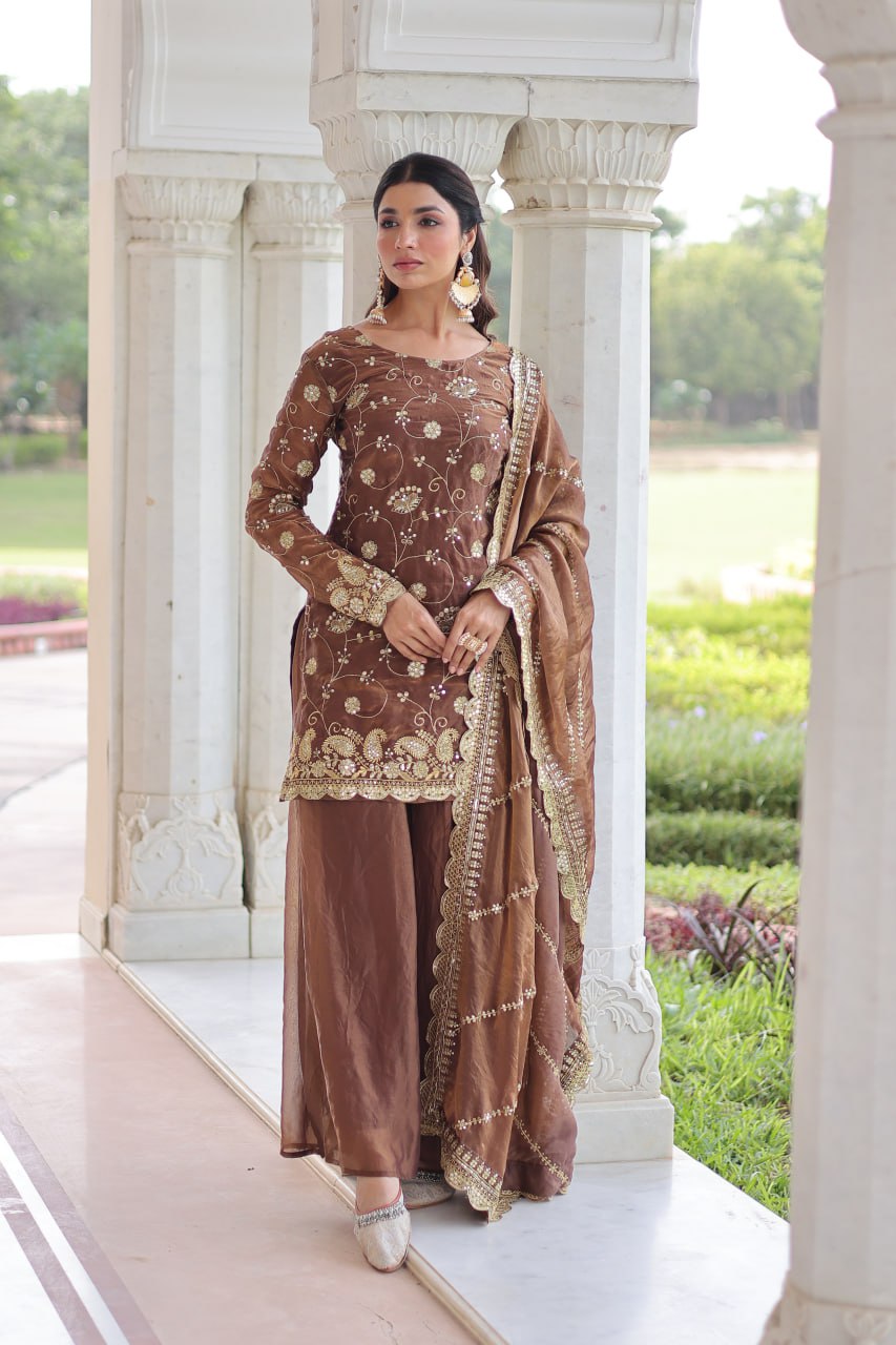 Dune Brown Heavy Embroidery Work Sharara Suit Set With Dupatta For Function