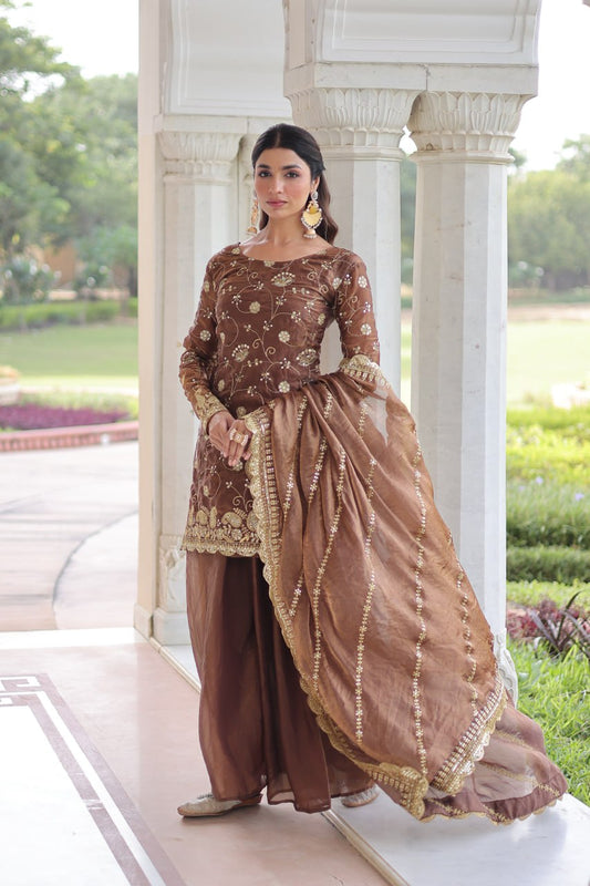 Dune Brown Heavy Embroidery Work Sharara Suit Set With Dupatta For Function