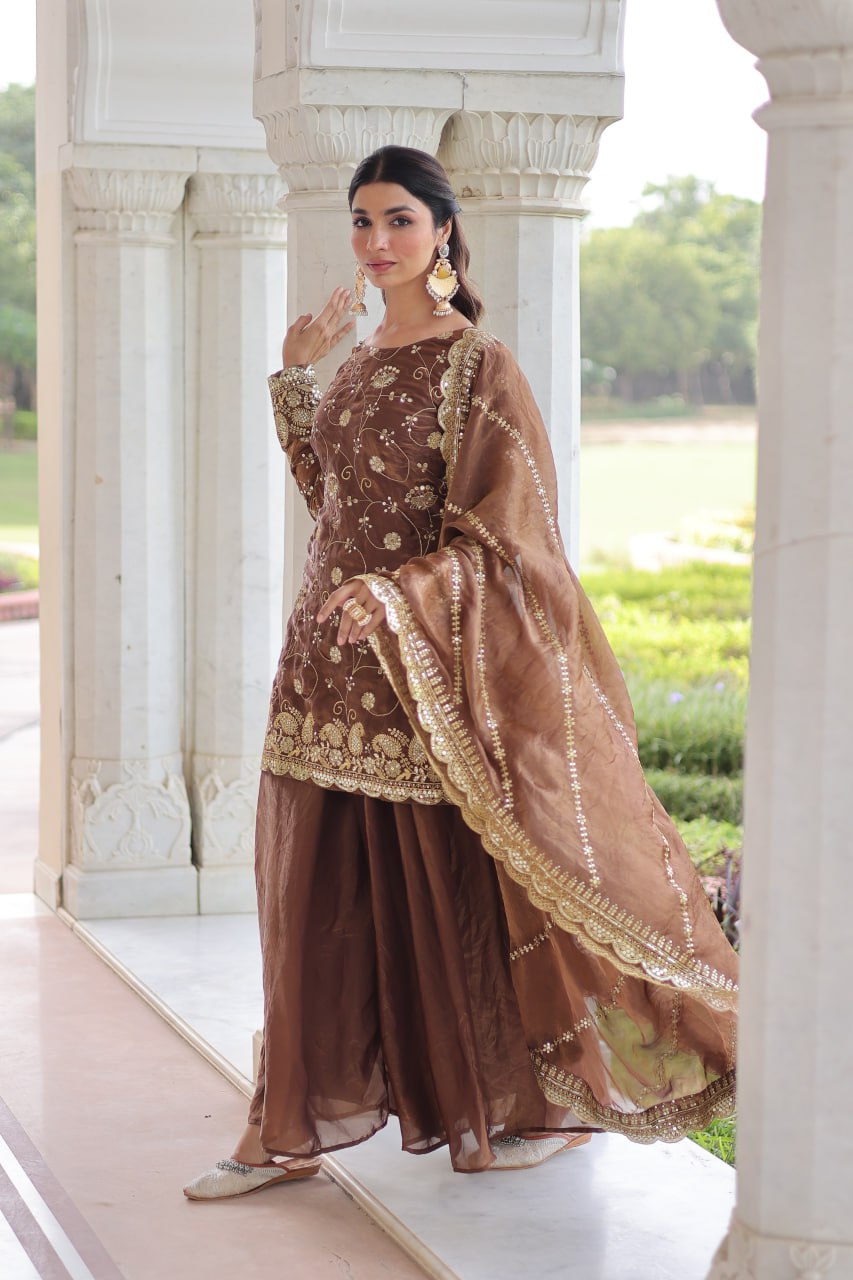 Dune Brown Heavy Embroidery Work Sharara Suit Set With Dupatta For Function