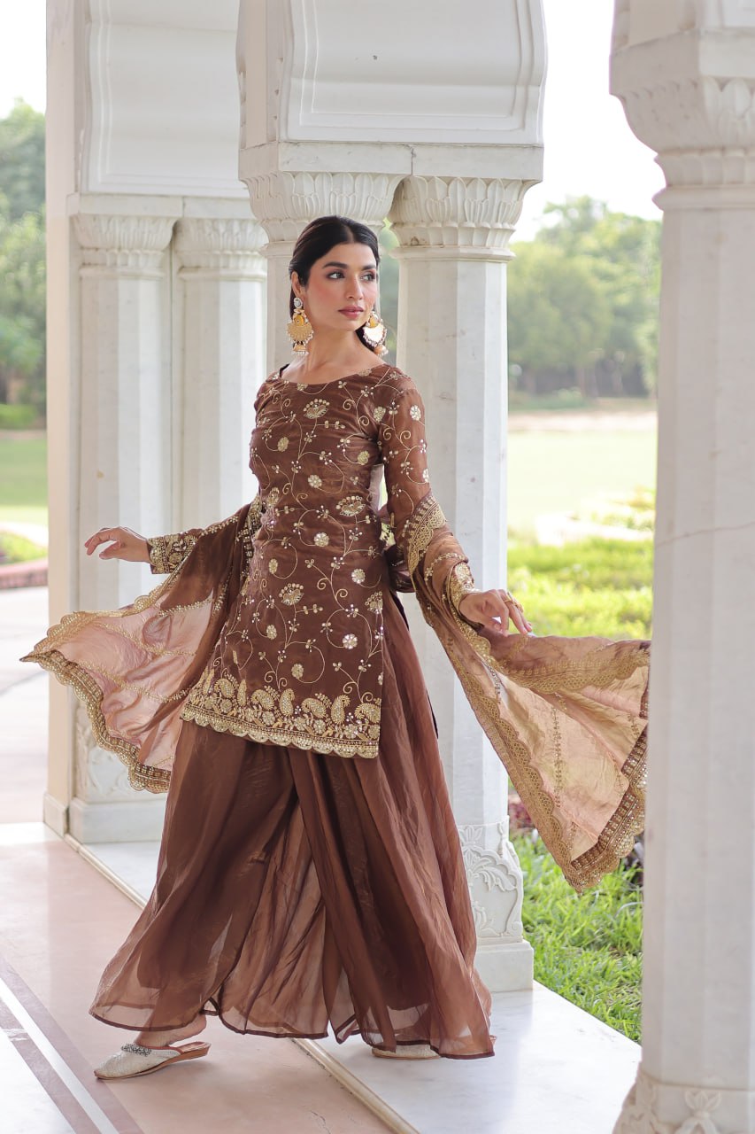 Dune Brown Heavy Embroidery Work Sharara Suit Set With Dupatta For Function
