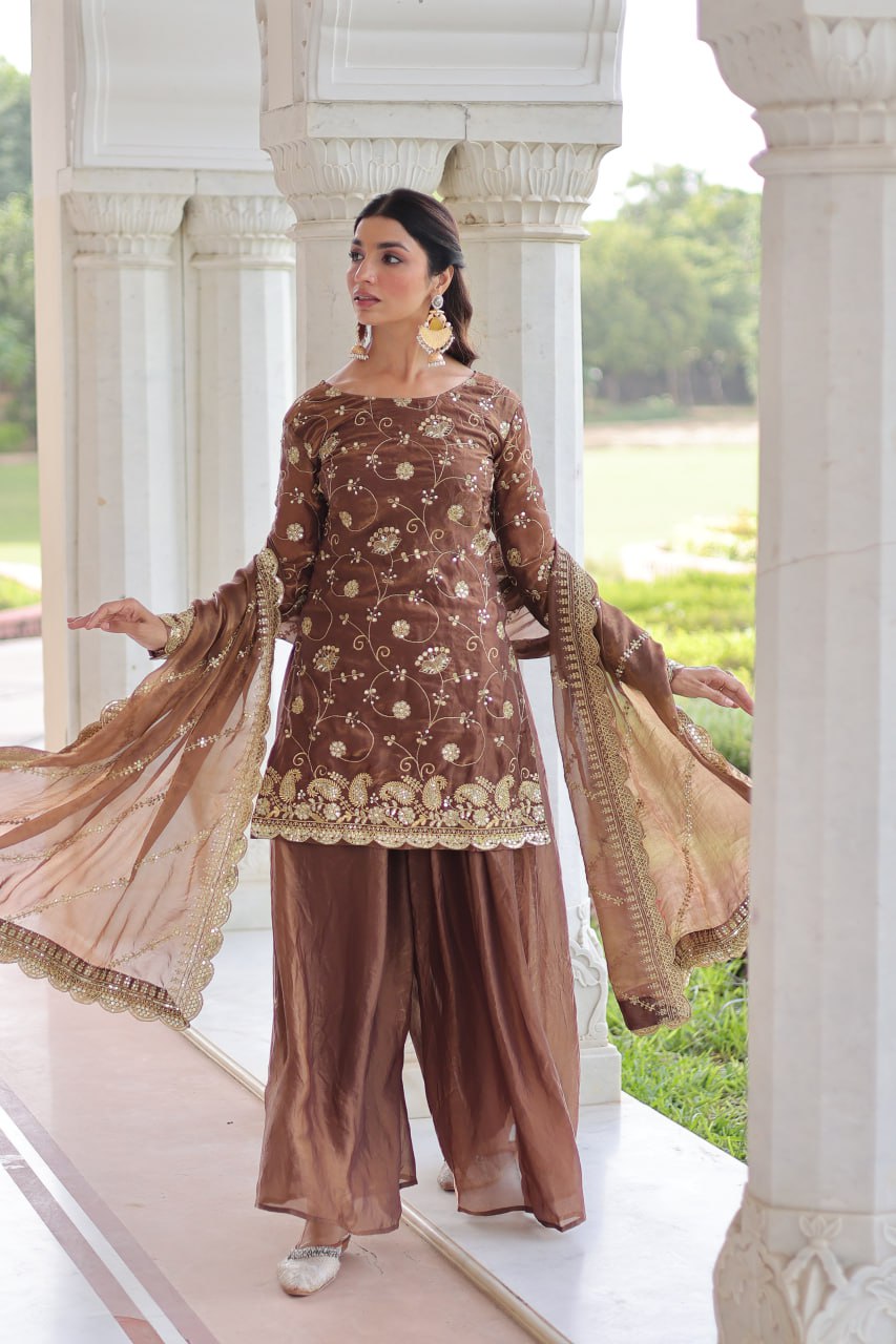 Dune Brown Heavy Embroidery Work Sharara Suit Set With Dupatta For Function