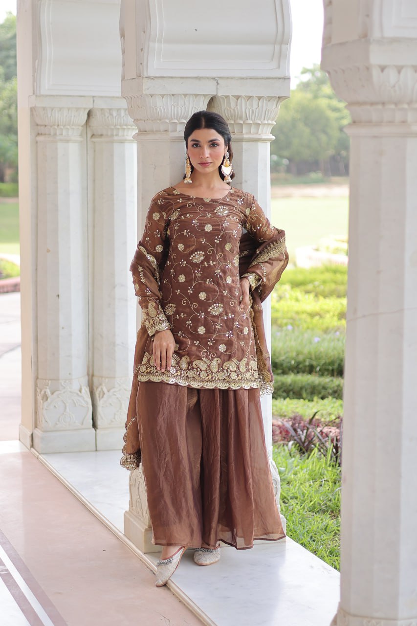 Dune Brown Heavy Embroidery Work Sharara Suit Set With Dupatta For Function