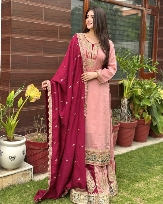 Dusty Pink Color Pure Heavy Chinnon Silk With Heavy Embroidery Sequence Work Sharara Suit